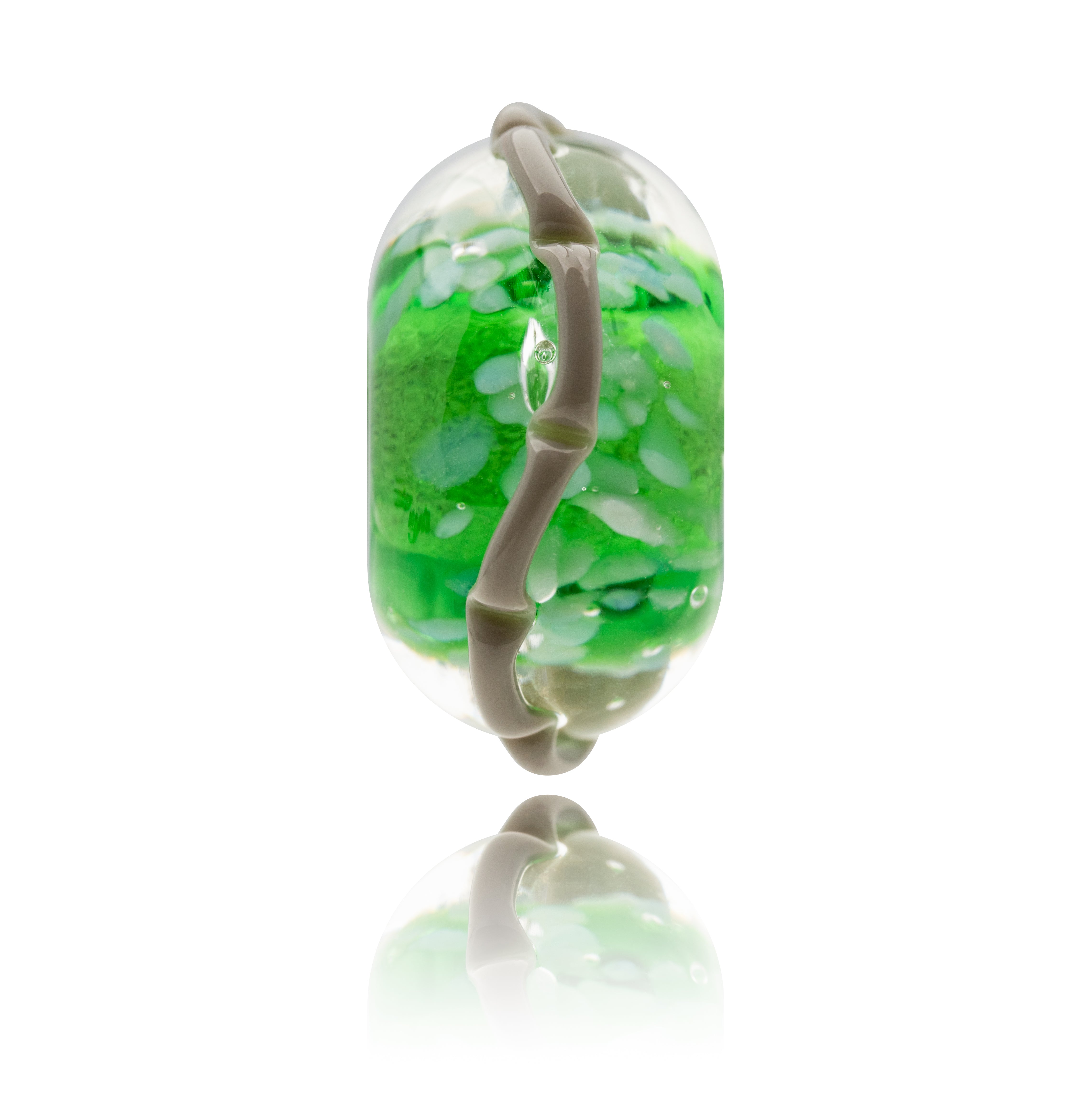 Bright green glass bead with grey stripe around the outside.