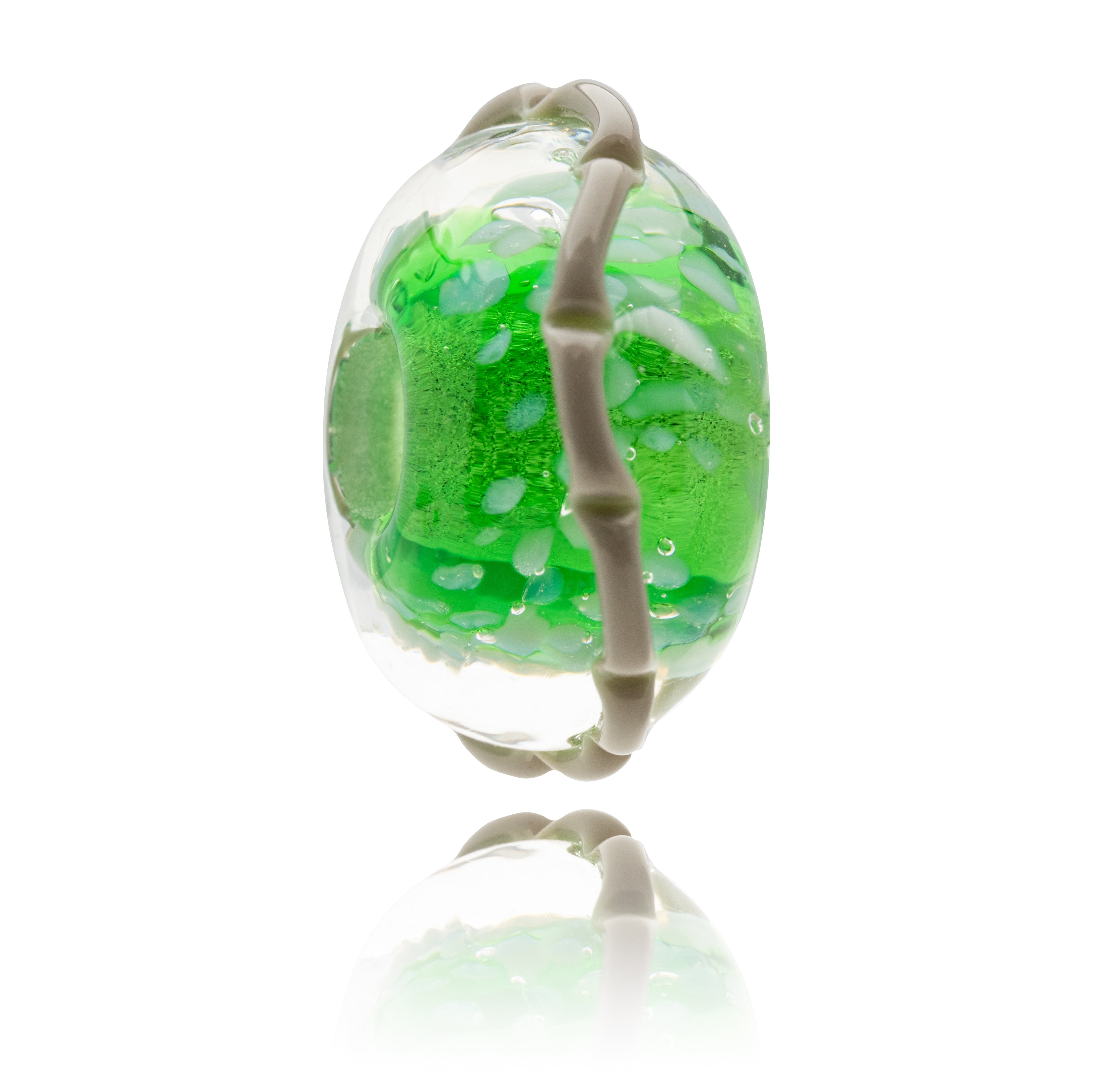 Bright green glass bead with grey stripe around the outside.