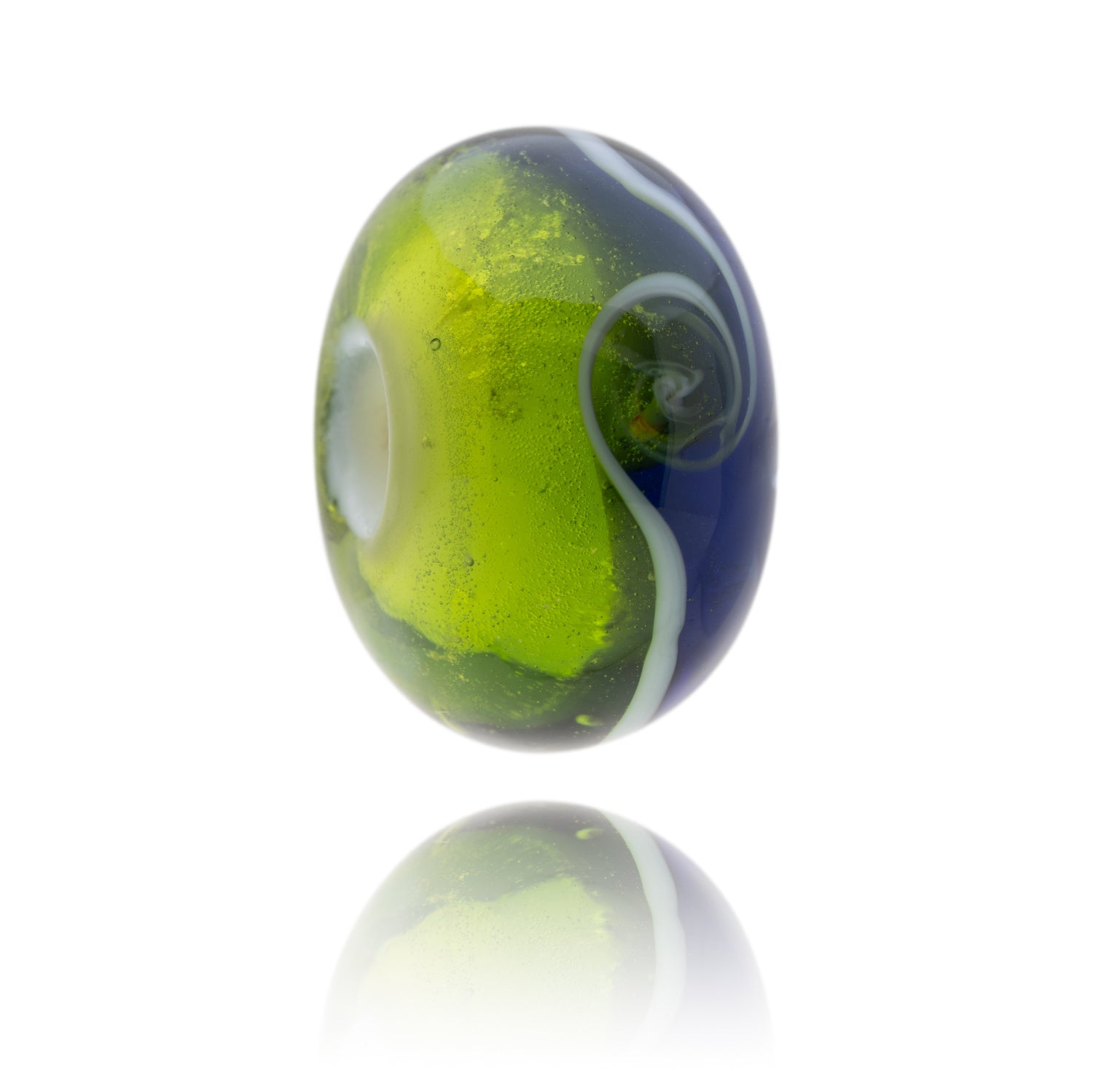 Bright green and dark purple glass bead representing the county of Hampshire.