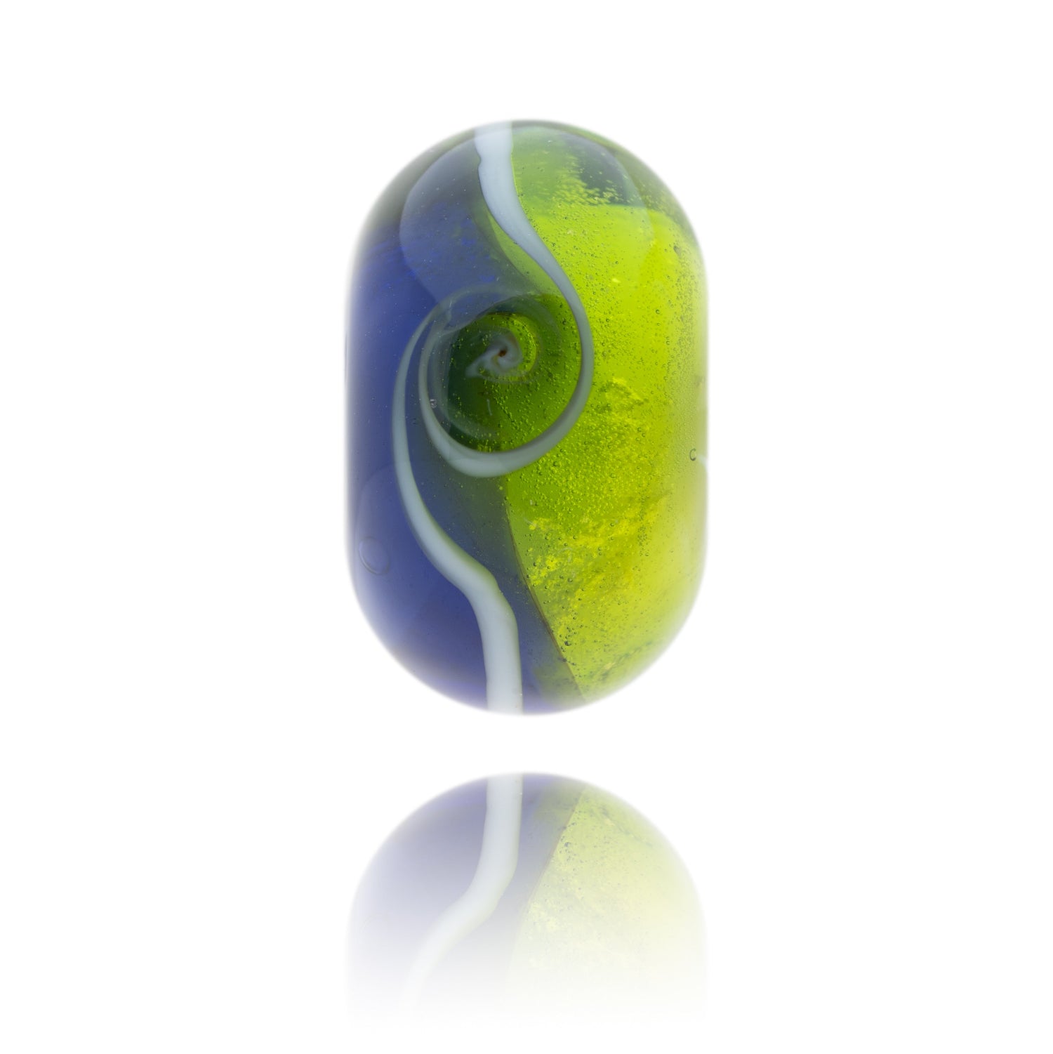 Bright green and dark purple glass bead representing the county of Hampshire.