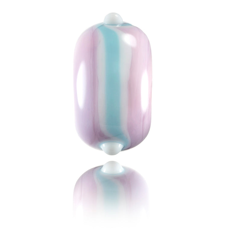 Pink, blue and white striped glass bead being sold to support the Keep A Breast Foundation.