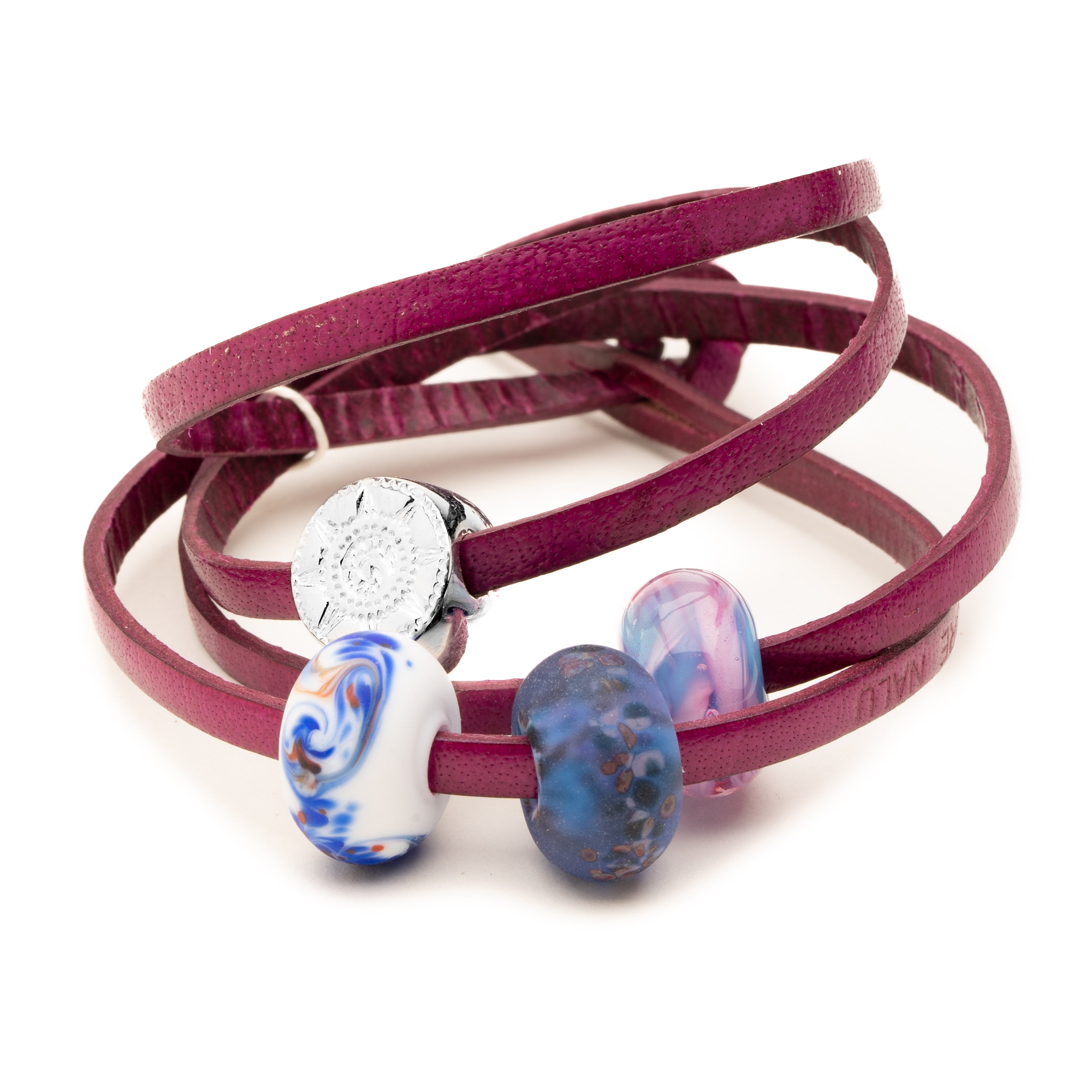 Magenta wrap bracelet with glass charm for Kent beaches.