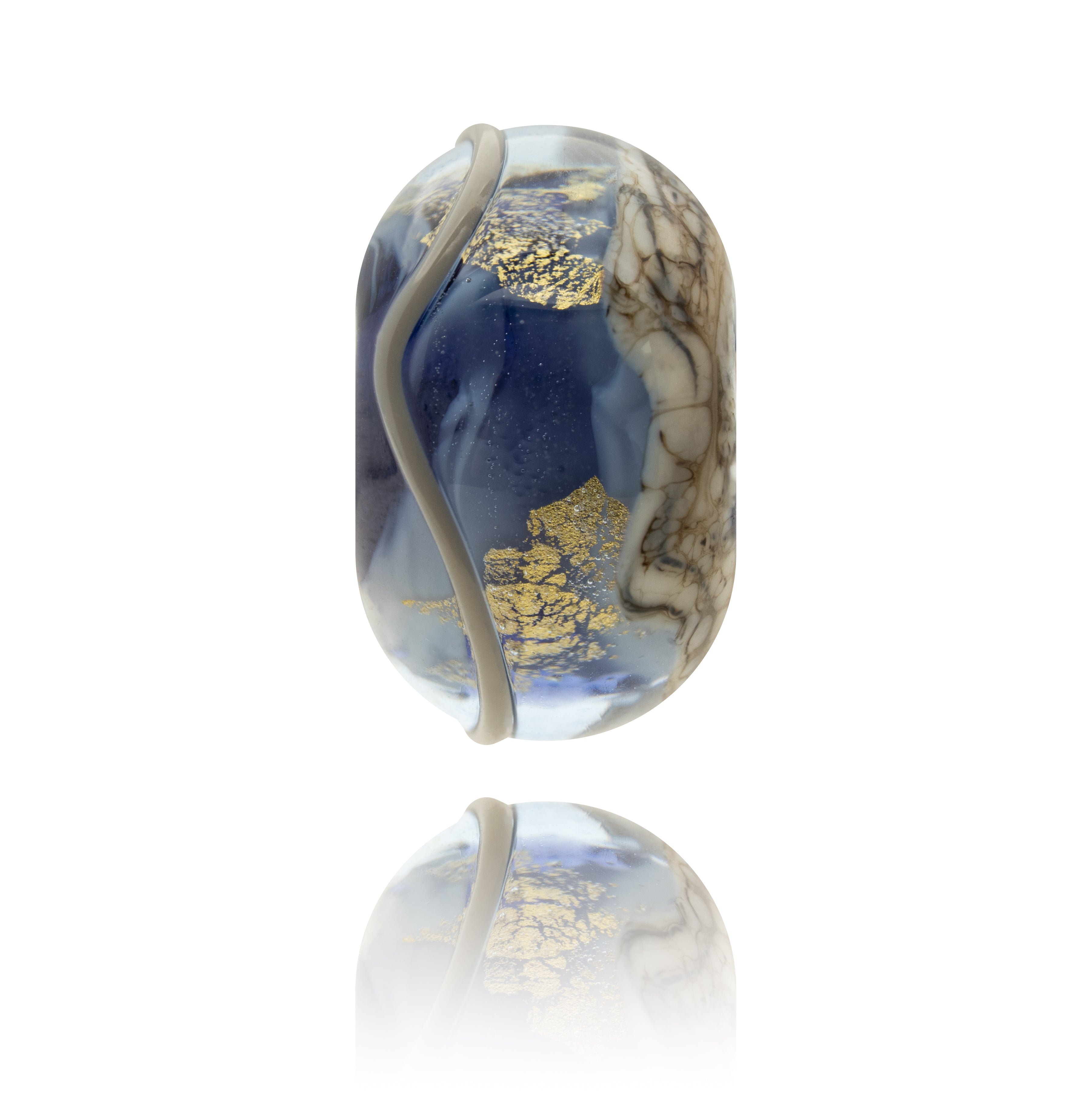 Decorative glass bead with purple, gold, and beige patterns on a white background