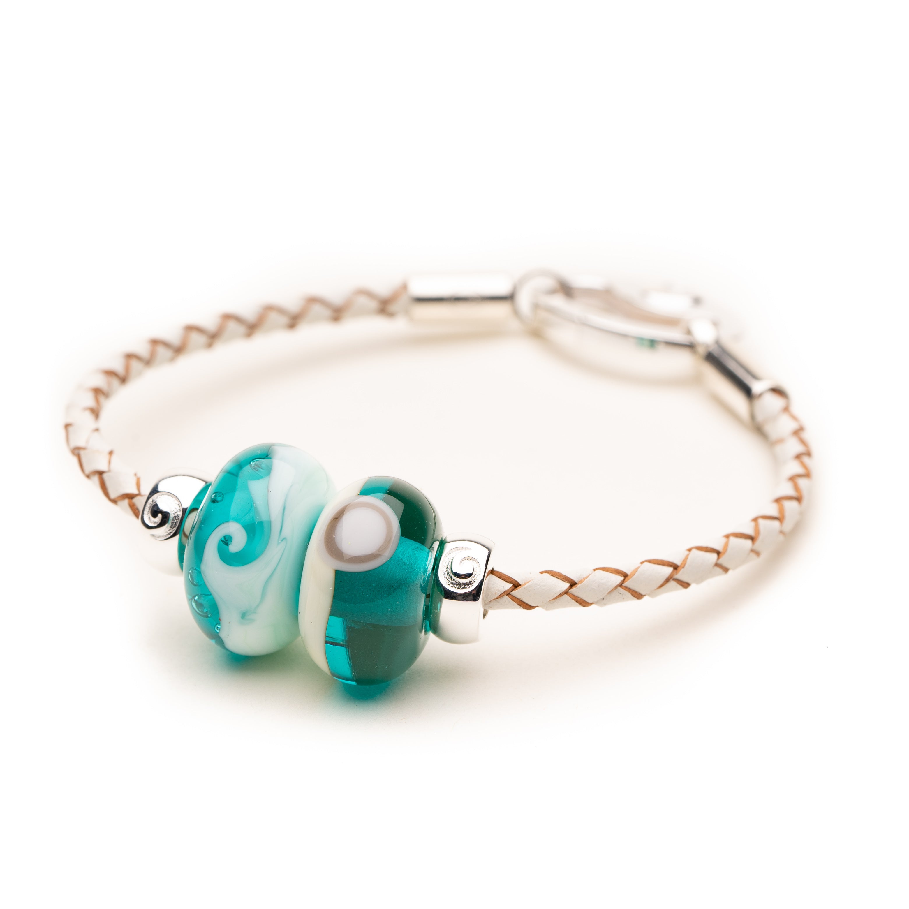 White leather bracelet with Church Cove and Kynance Cove glass beads.