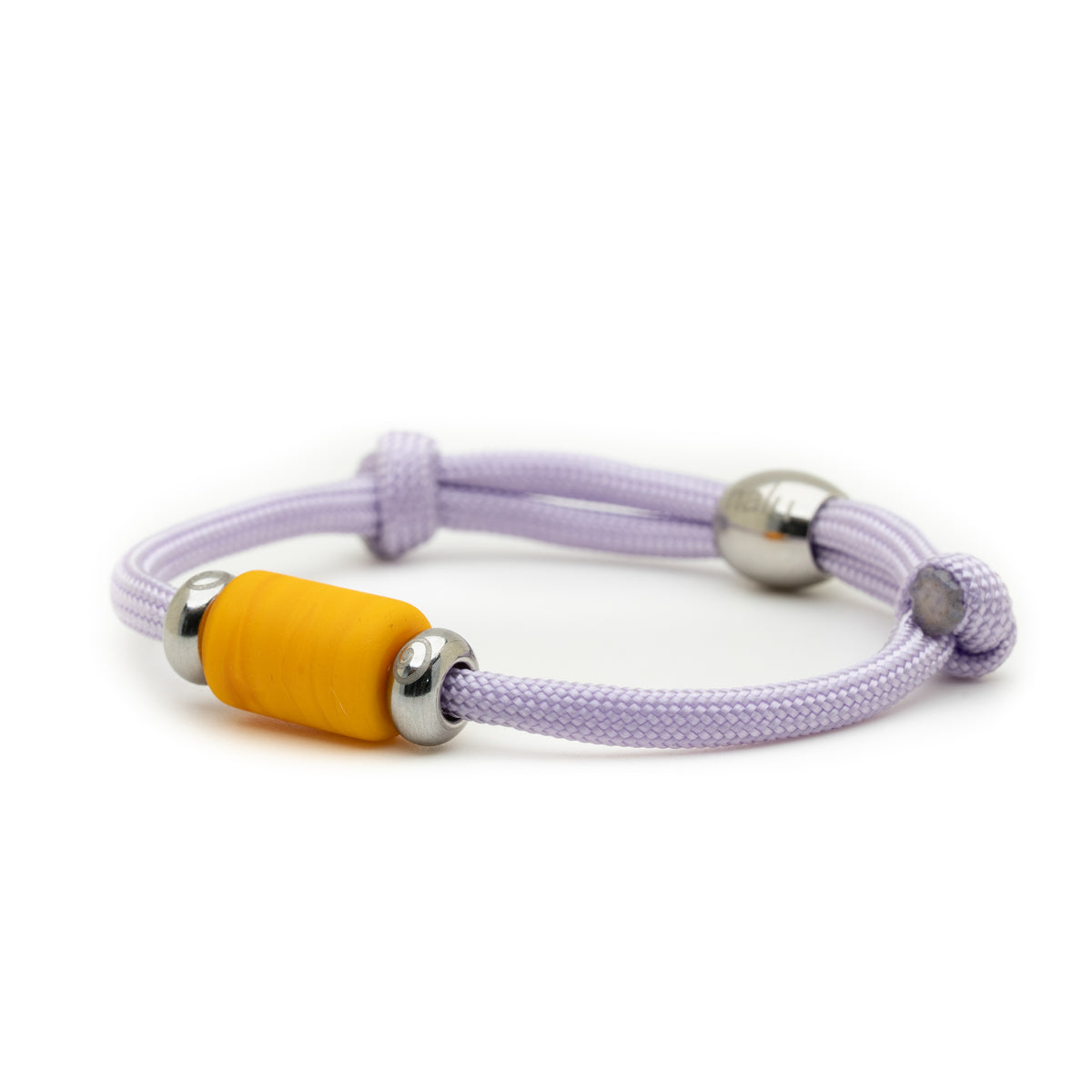 A light purple braided cord bracelet with a central yellow cylindrical bead and silver metal spacer beads, shown on a plain white background.