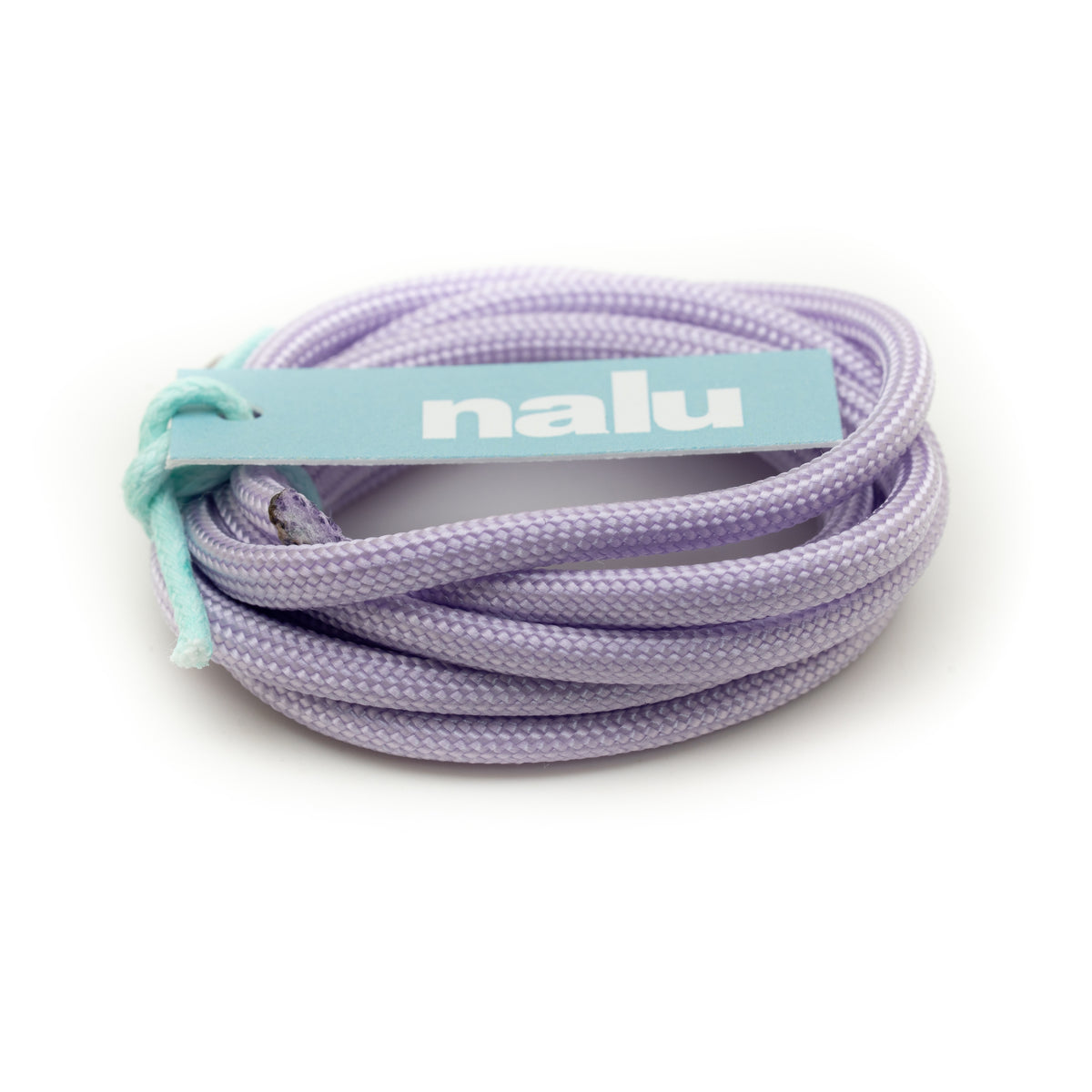 A coiled pair of light purple woven cord with a light blue paper tag that reads 'nalu' in white text, photographed on a clean white background.