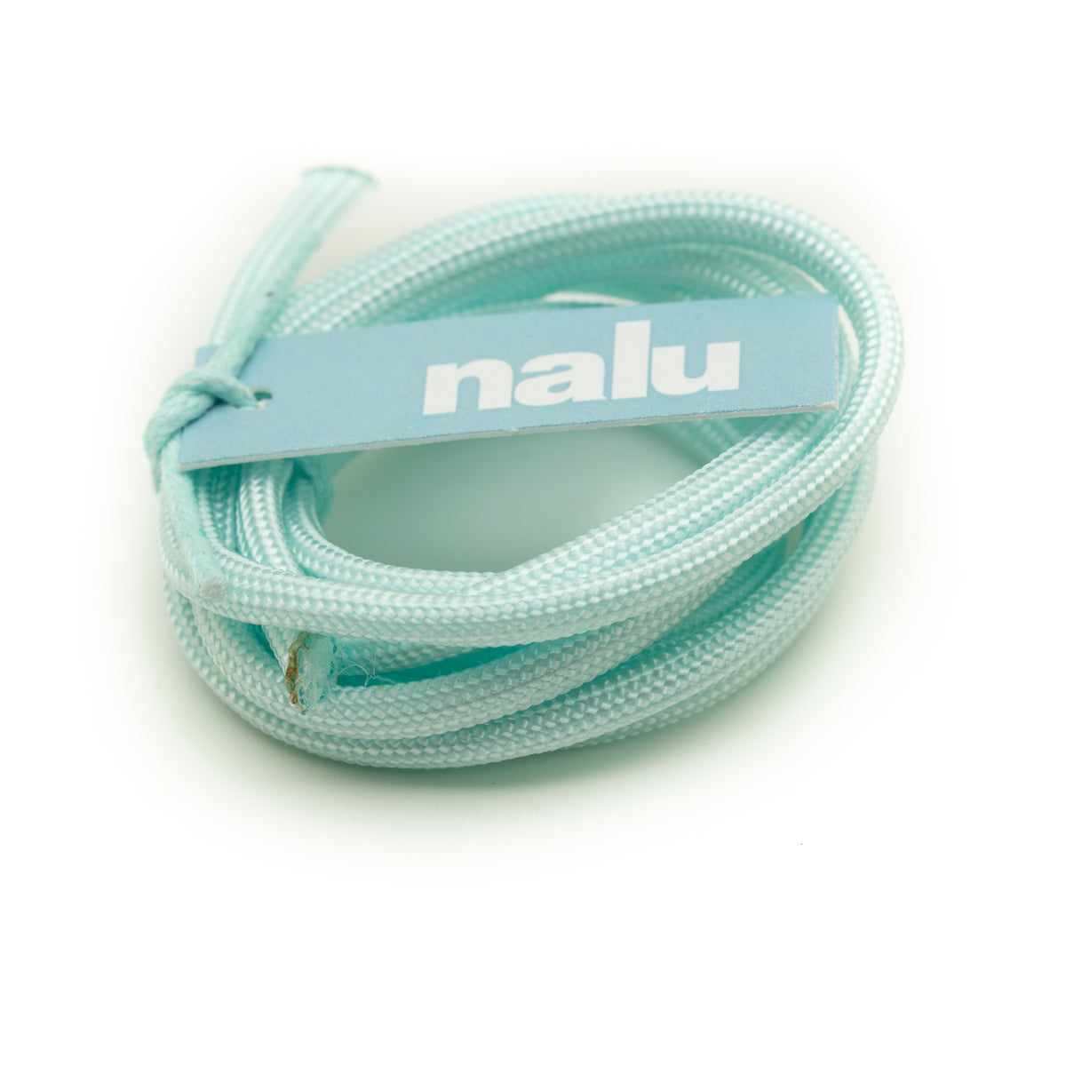 A coiled bundle of light mint blue braided cord  with a matching paper tag printed with the brand name 'nalu' in white, set against a plain white background.