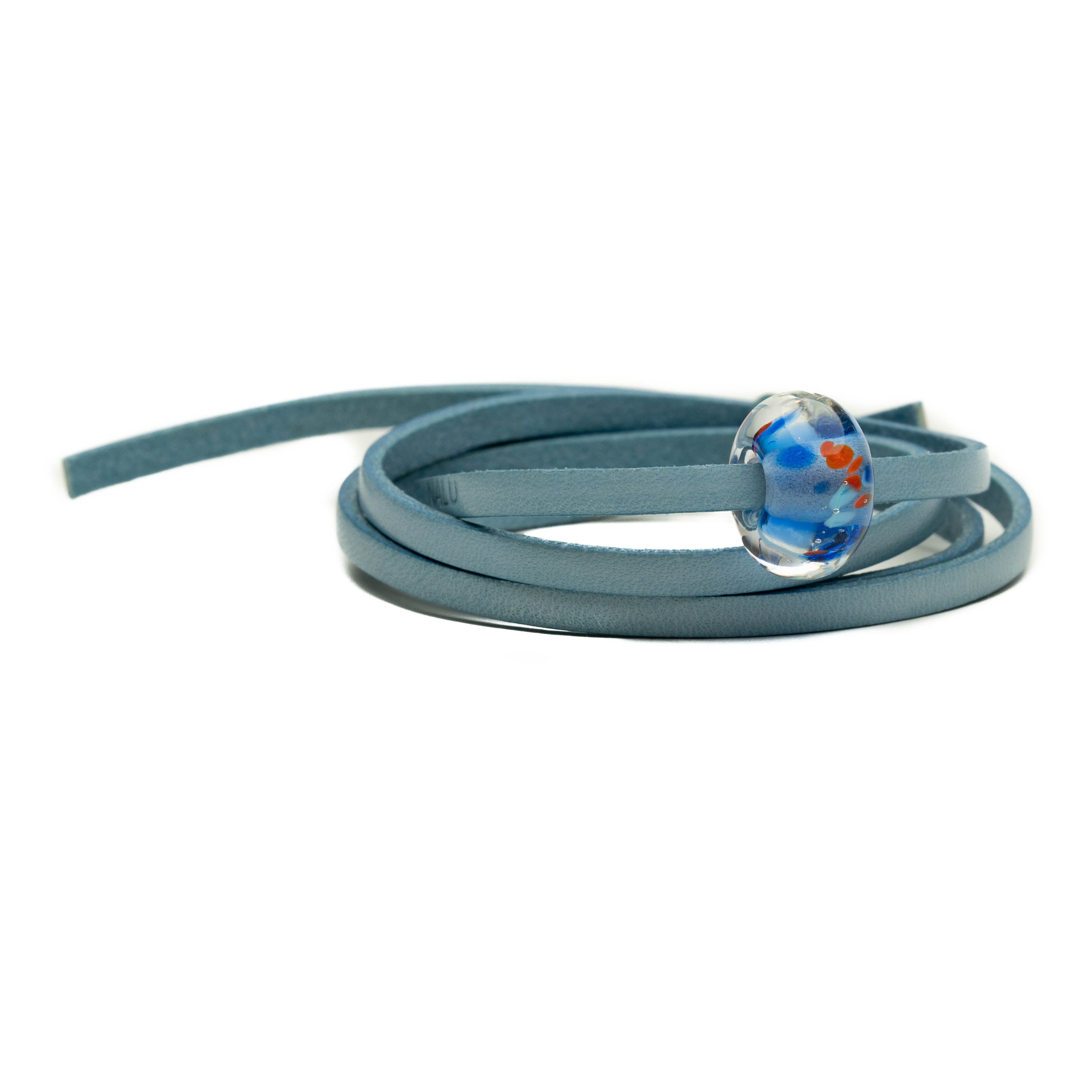 Blue leather strap bracelet with National Lobster Hatchery charity bead on it.