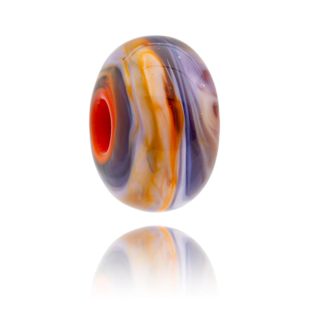 Swirling purple, red and orange glass bead for Mexico .