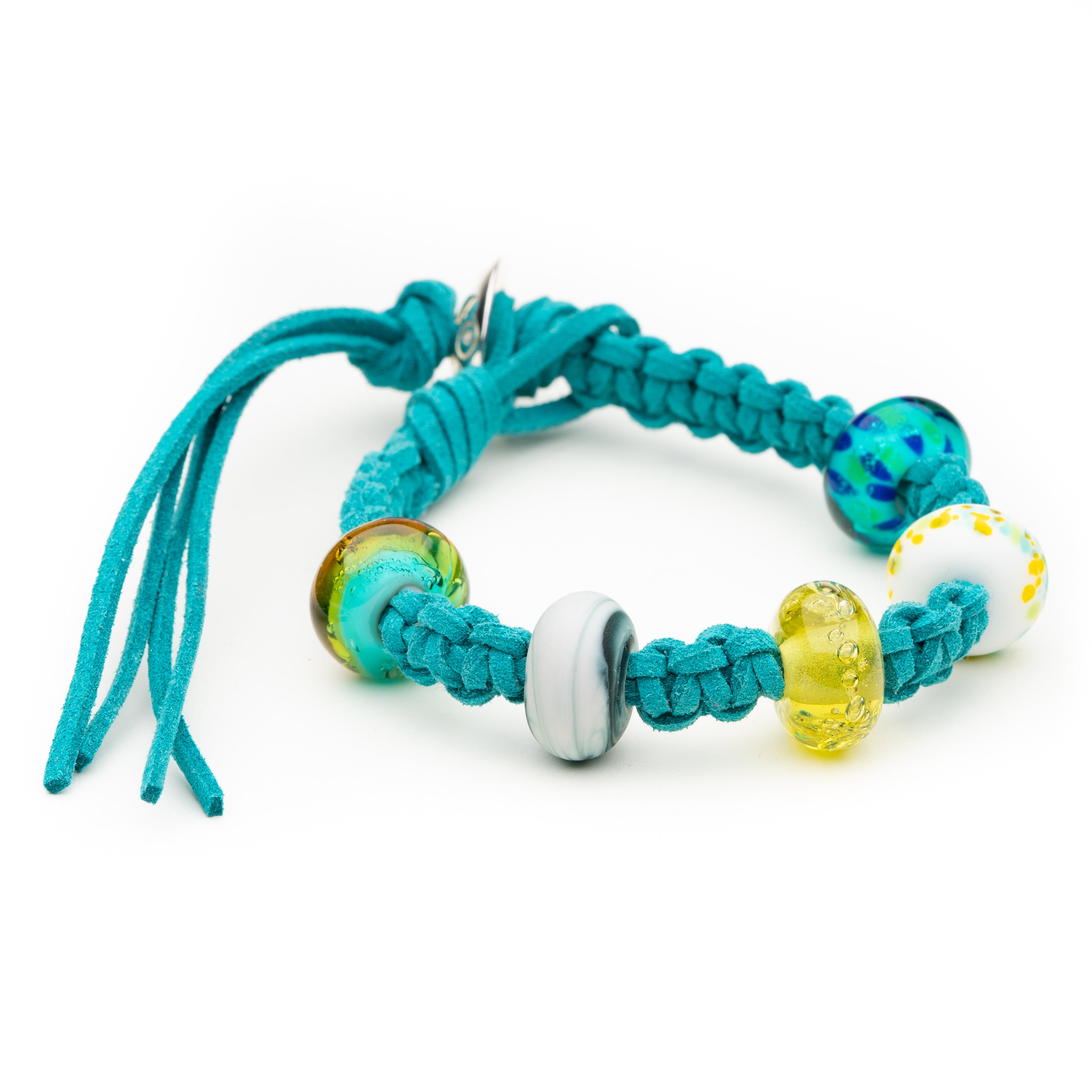 Teal cord bracelet with colourful glass beads for South Devon.