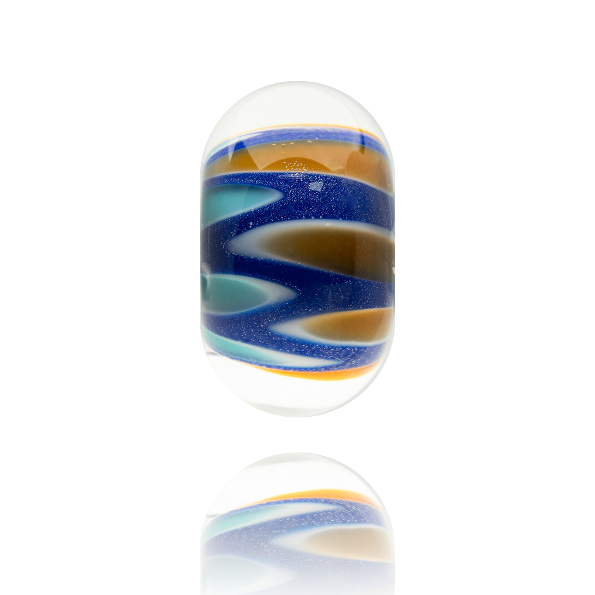 A handmade lass bead with a multicolor swirl pattern of blue, brown, teal, and gold on a clear glass base, shown against a white background with a soft reflection below.