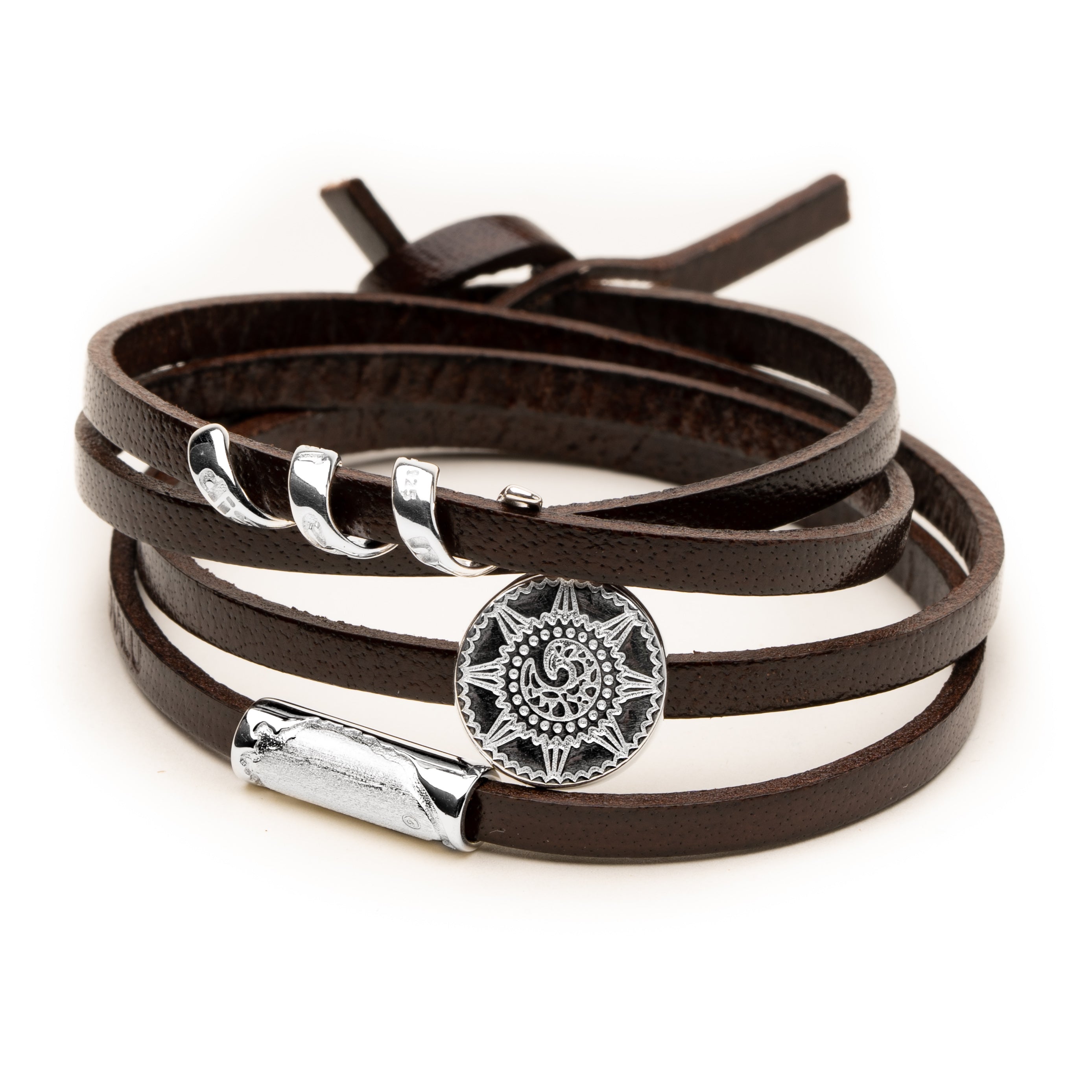 Brown leather bracelet with silver charms.