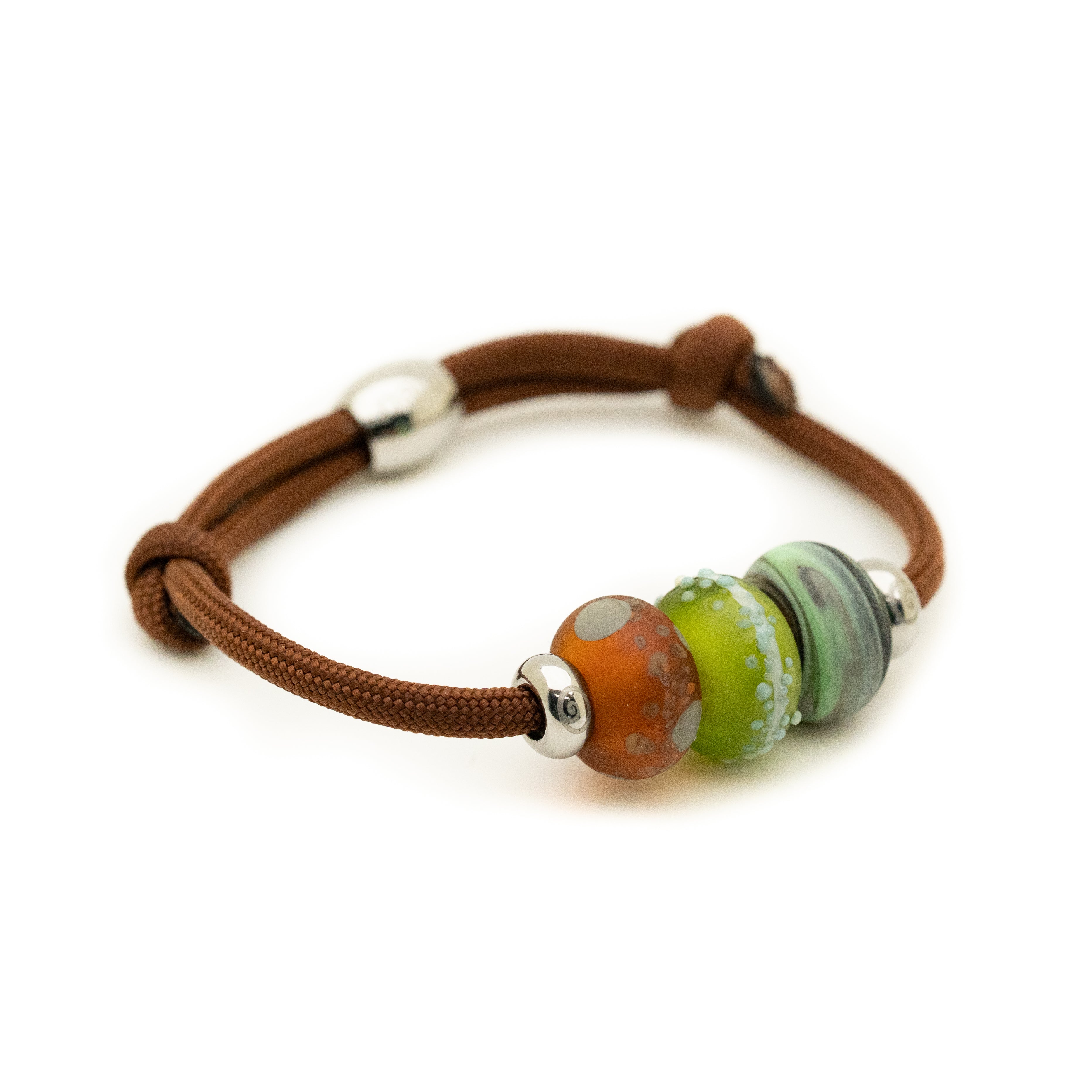 Green, brown glass beads with texture on brown bracelet.