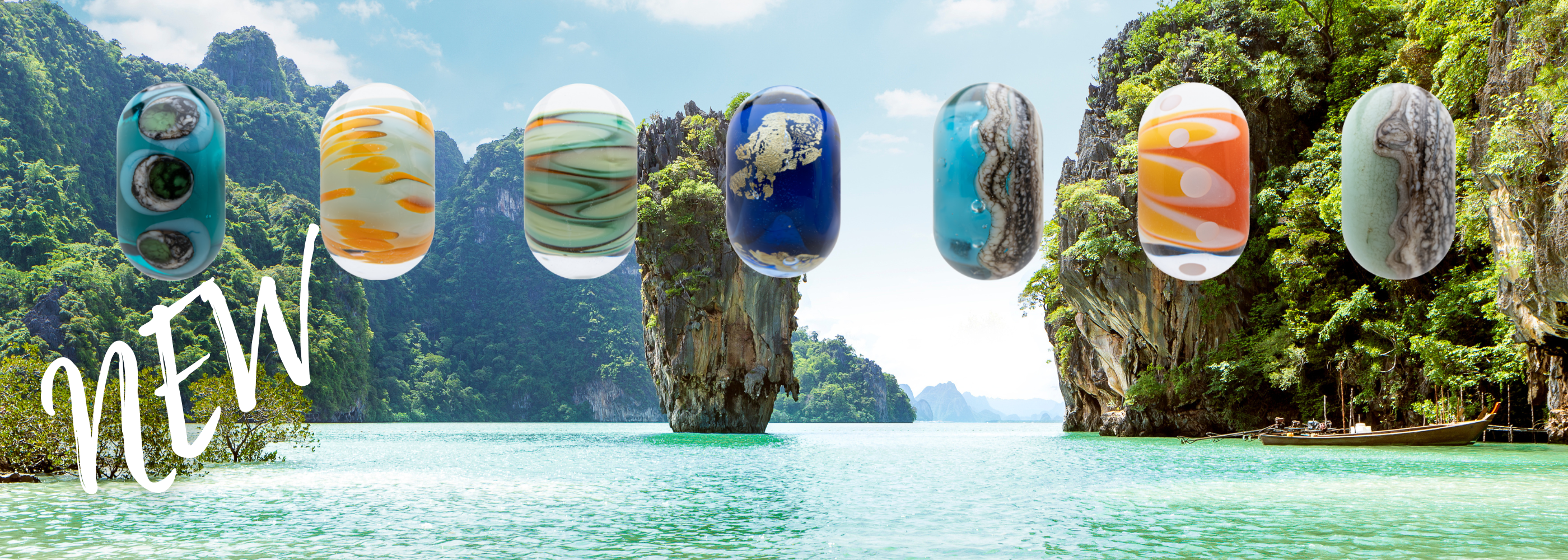 Glass beads with island scenery background