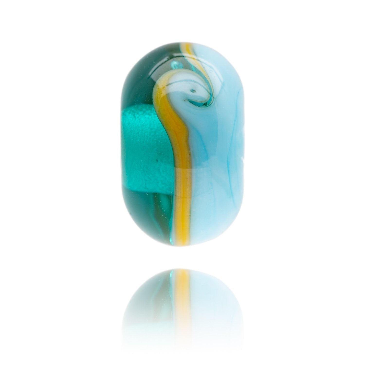 Blue, yellow and teal glass bead being sold in support of the North Devon Biosphere charity.