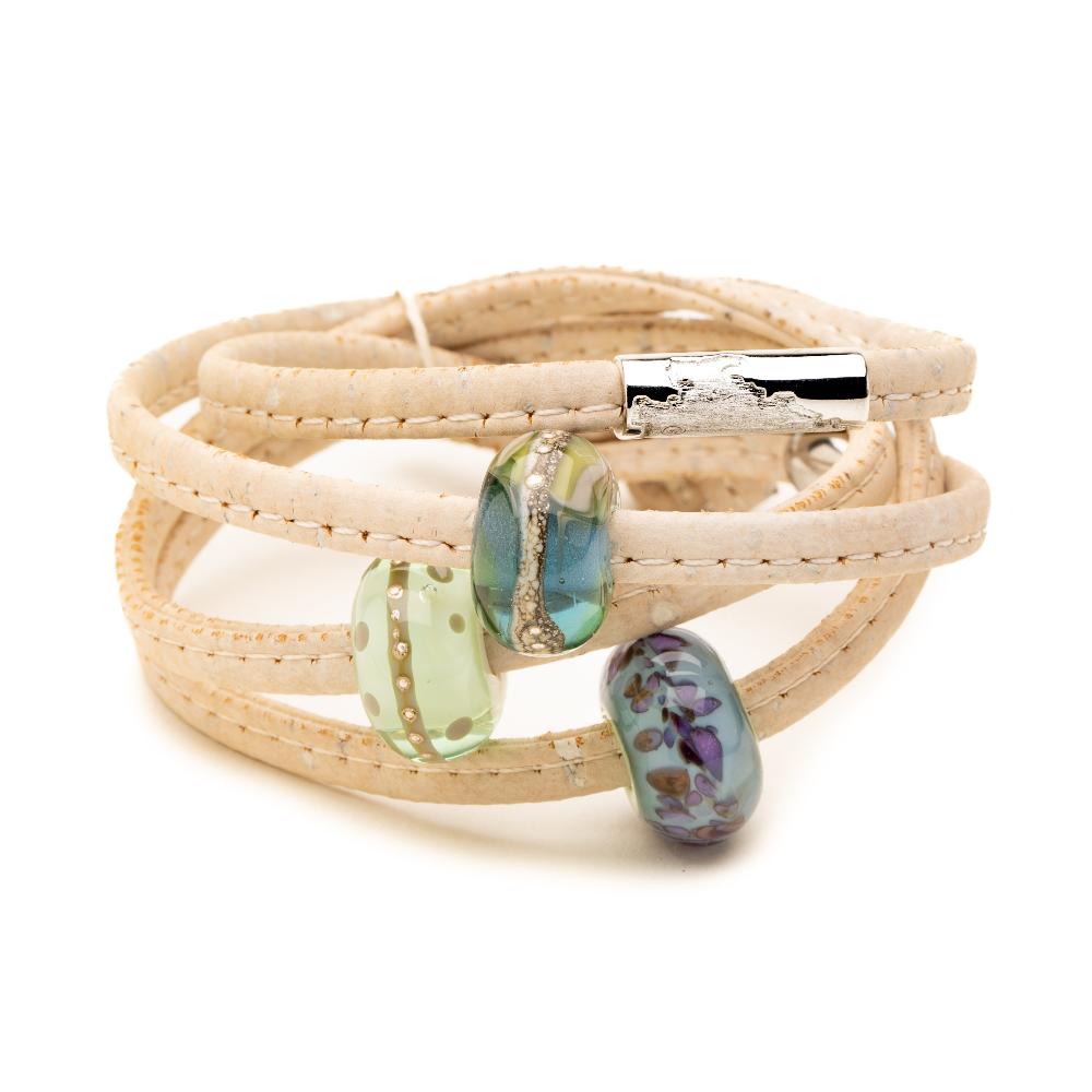 White cork wrap bracelet with colourful glass beads for North Devon beaches.