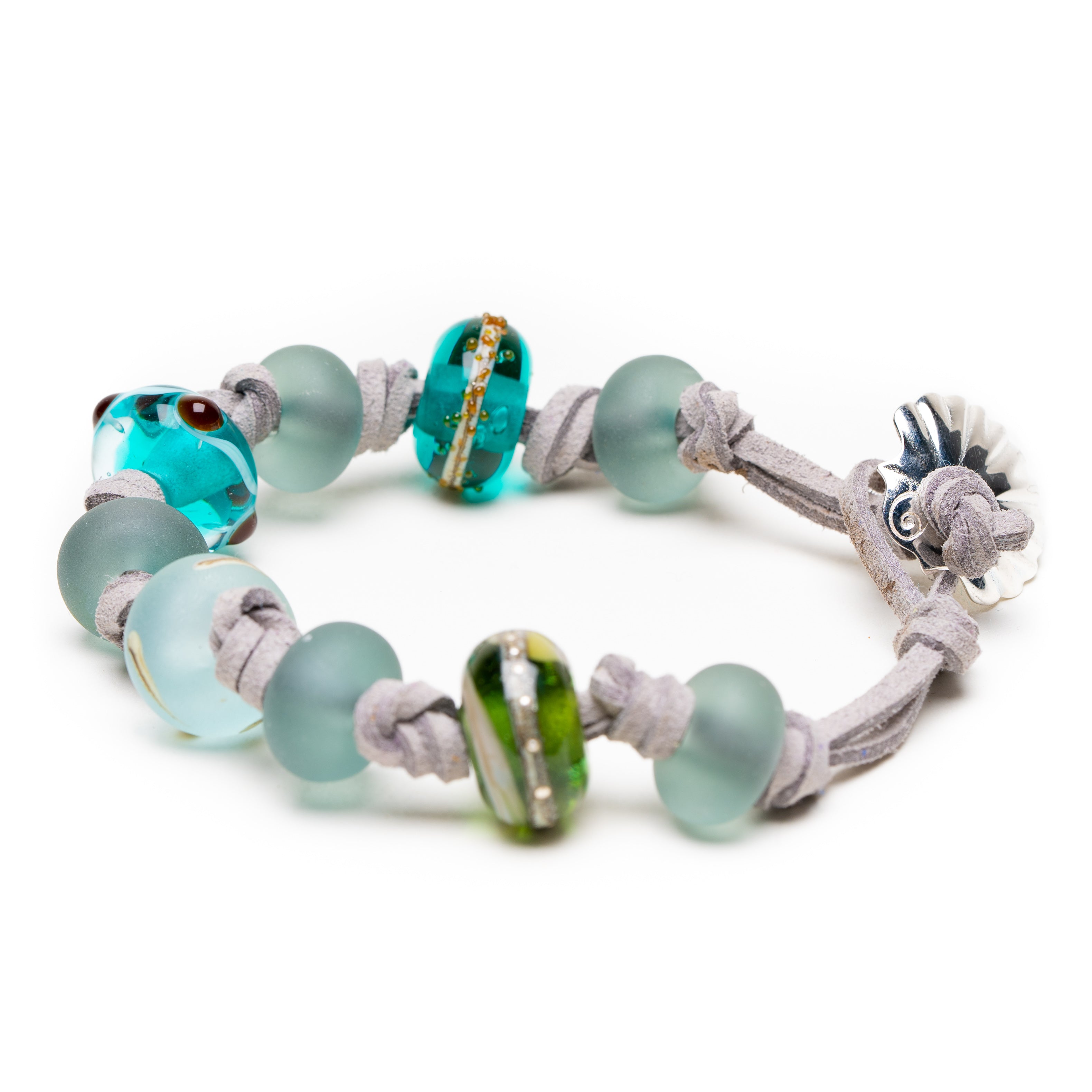 Grey cord bracelet with ocean colored glass beads representing North Devon beaches.