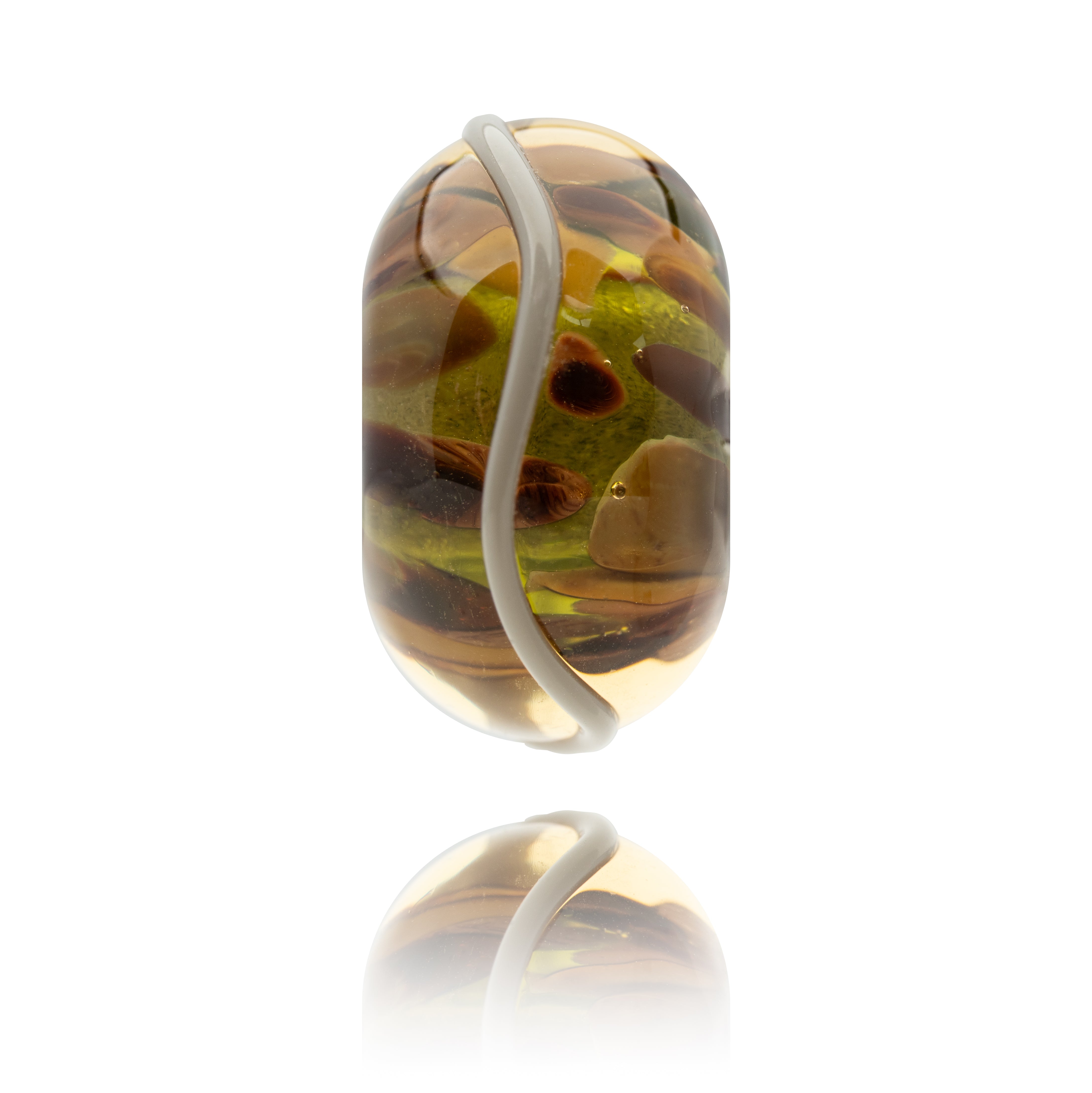 Multicolored bead with a white cord on a white background