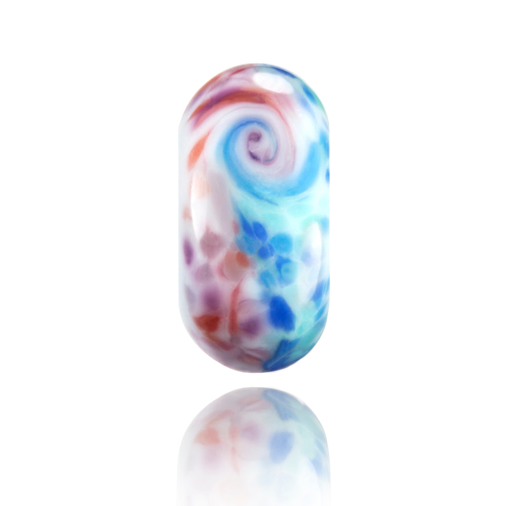 Blue and pink speckled glass bead being sold in support of Plastic Free North Devon Charity.