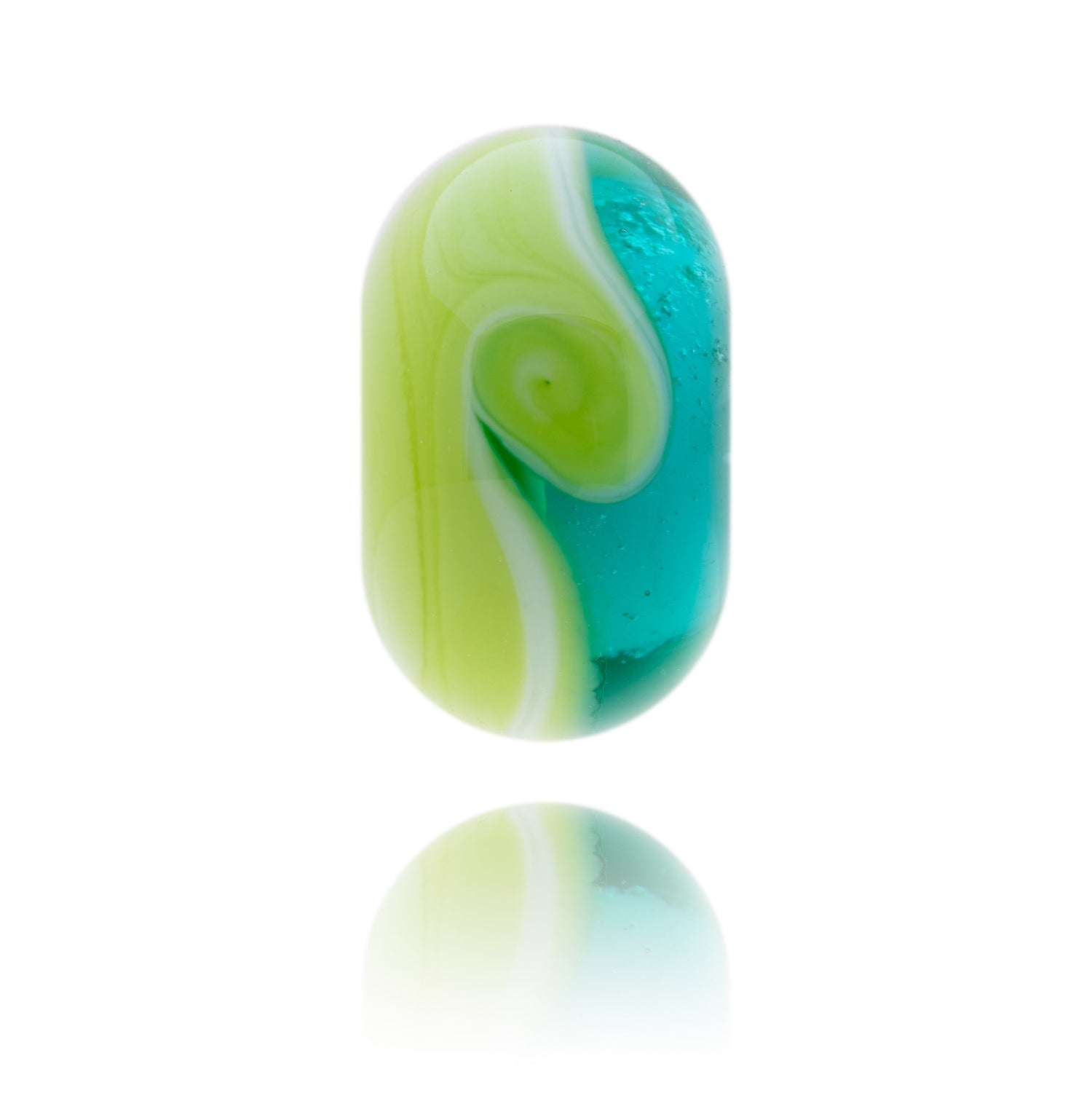 Teal and bright green glass bead representing the county of Pembrokeshire.