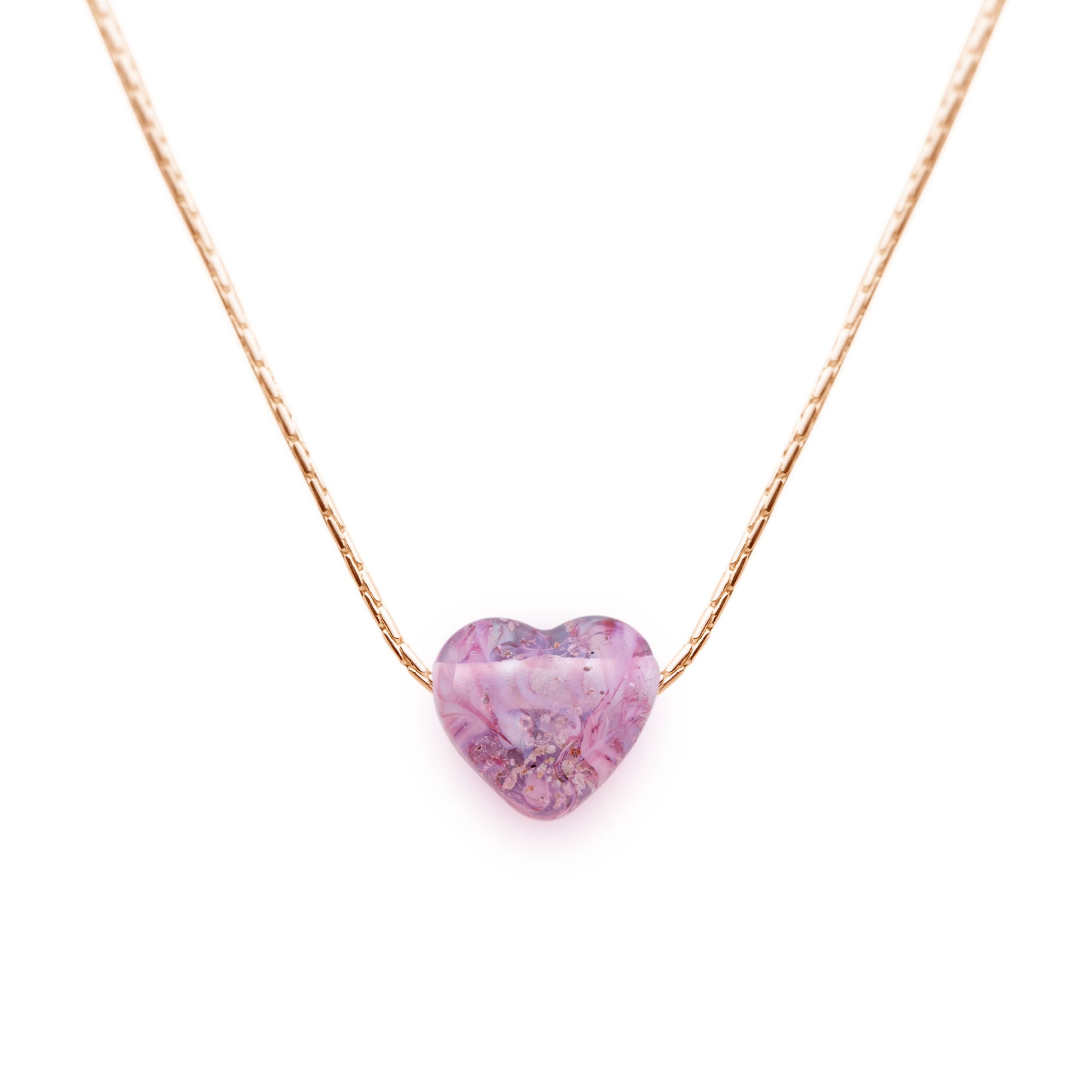 Pink glass sand heart bead on gold chain necklace.