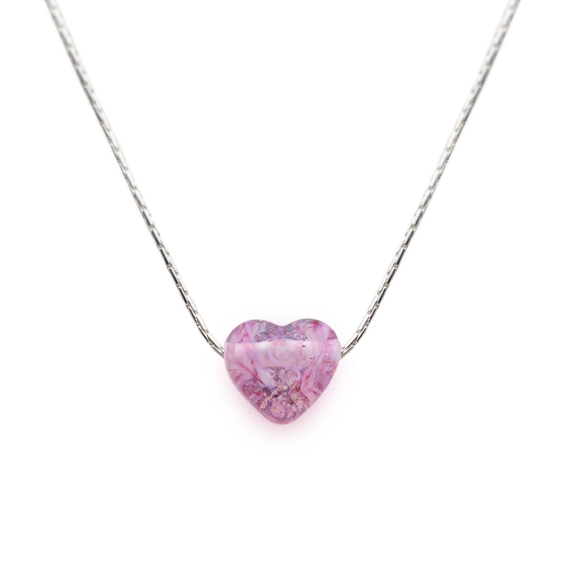 Pink glass sand heart bead on silver chain necklace.