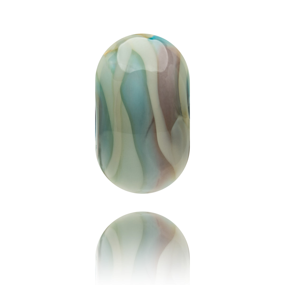 A single oval glass bead with a marbled swirl pattern of light blue, cream, and dusty mauve, shown on a clean white background with a soft reflection below.
