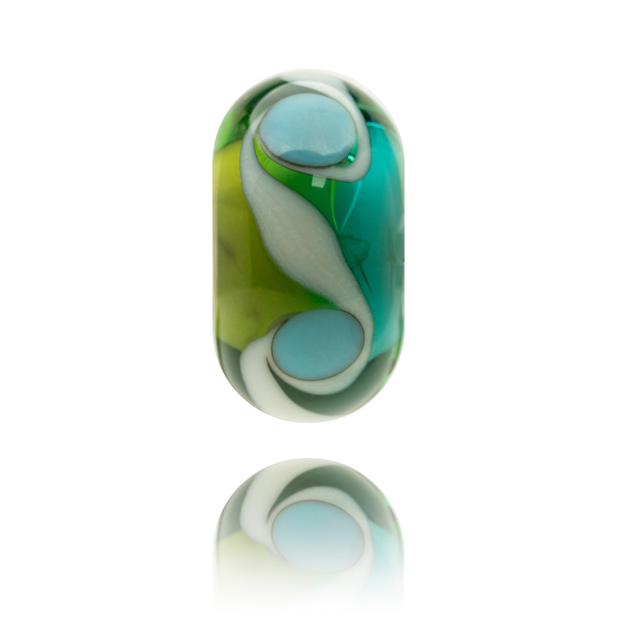 A hand-blown glass bead with an elongated oval shape, featuring a marbled swirl pattern of light blue, teal, lime green, and white, set against a clean white background with a soft reflection below.