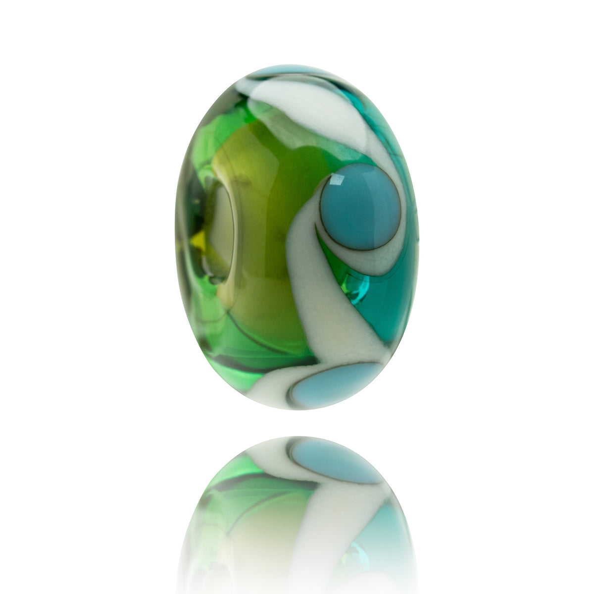 A single oval glass bead with a marbled swirl pattern of green, teal, white, and light blue, shown on a clean white background with a soft reflection below.