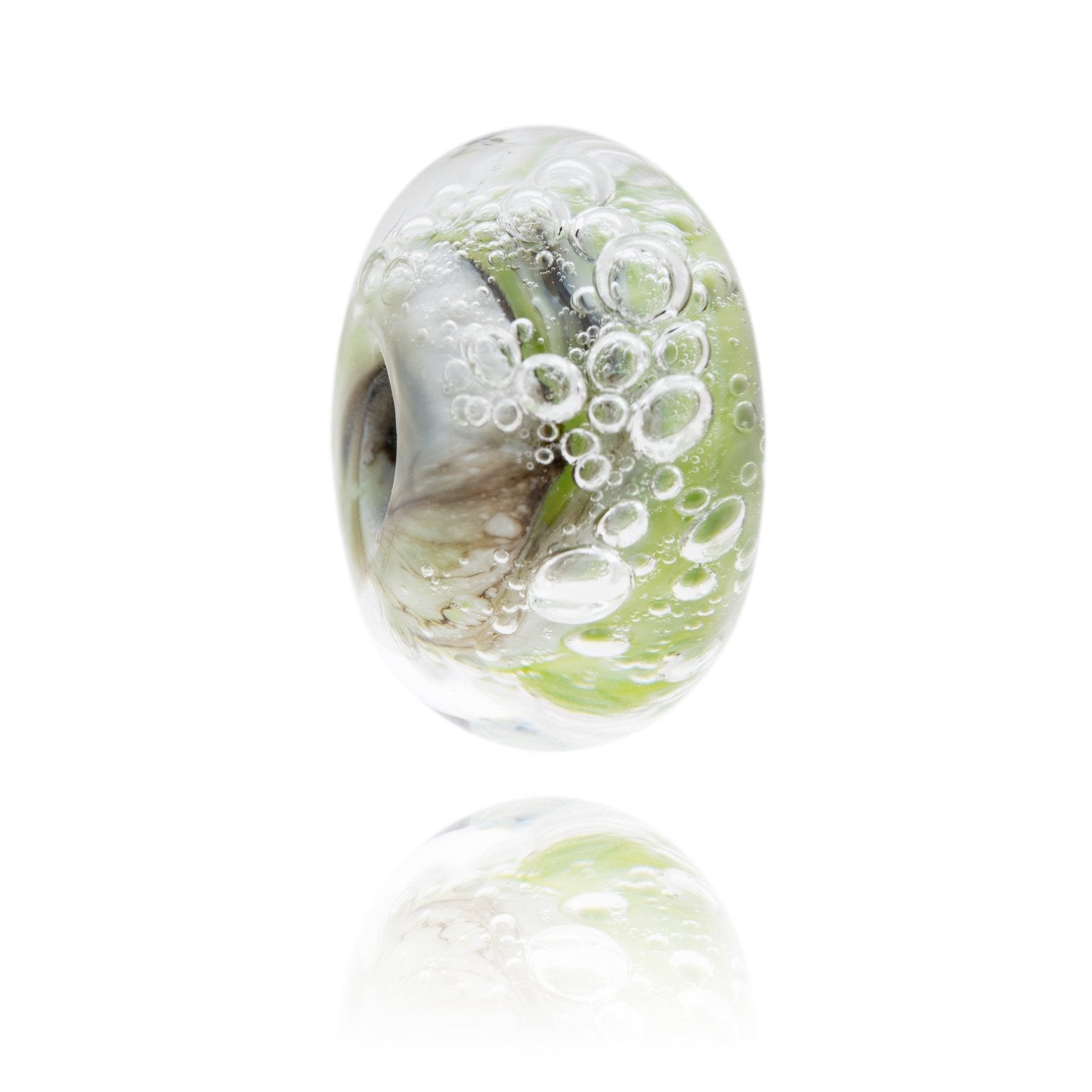 Green, white and grey bubbly and swirly glass bead made to represent Rockham Beach at Mortehoe in North Devon, UK.