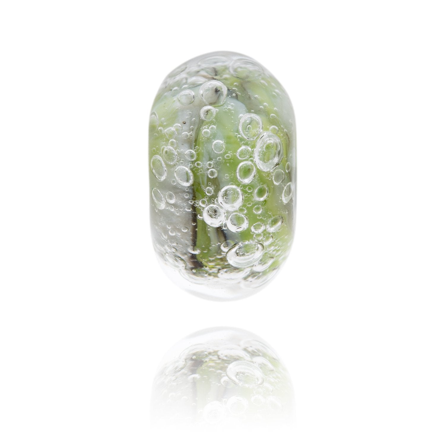 Green, white and grey bubbly and swirly glass bead made to represent Rockham Beach at Mortehoe in North Devon, UK.