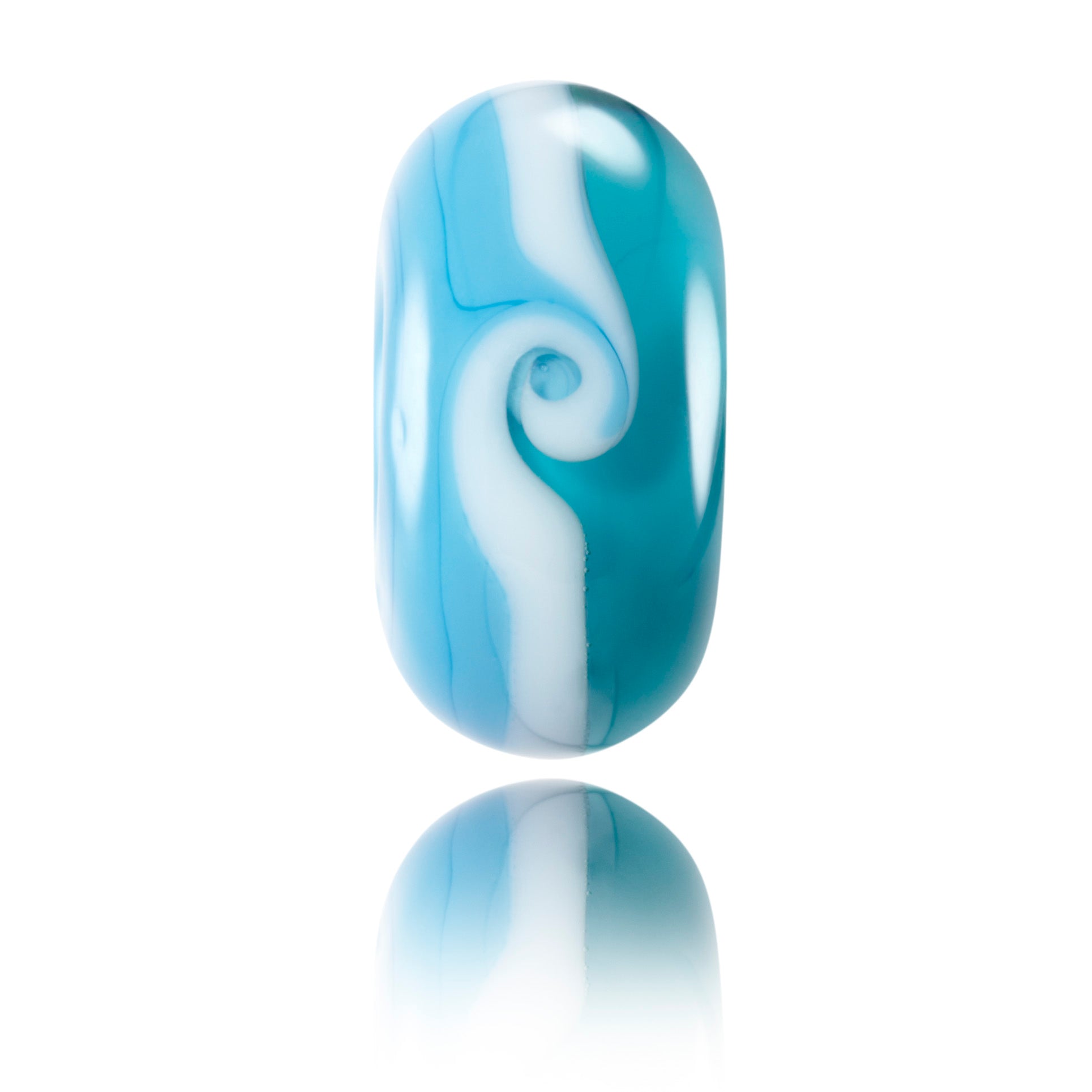 Transparent and opaque glass bead with a white wave swirl being sold in support of the Surfers Against Sewage charity.