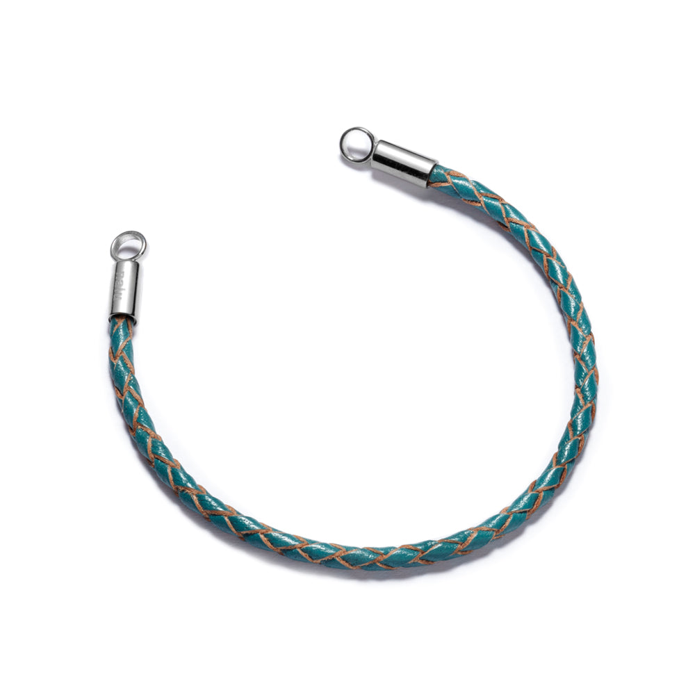 sea blue coloured plaited leather bracelet with silver end caps.