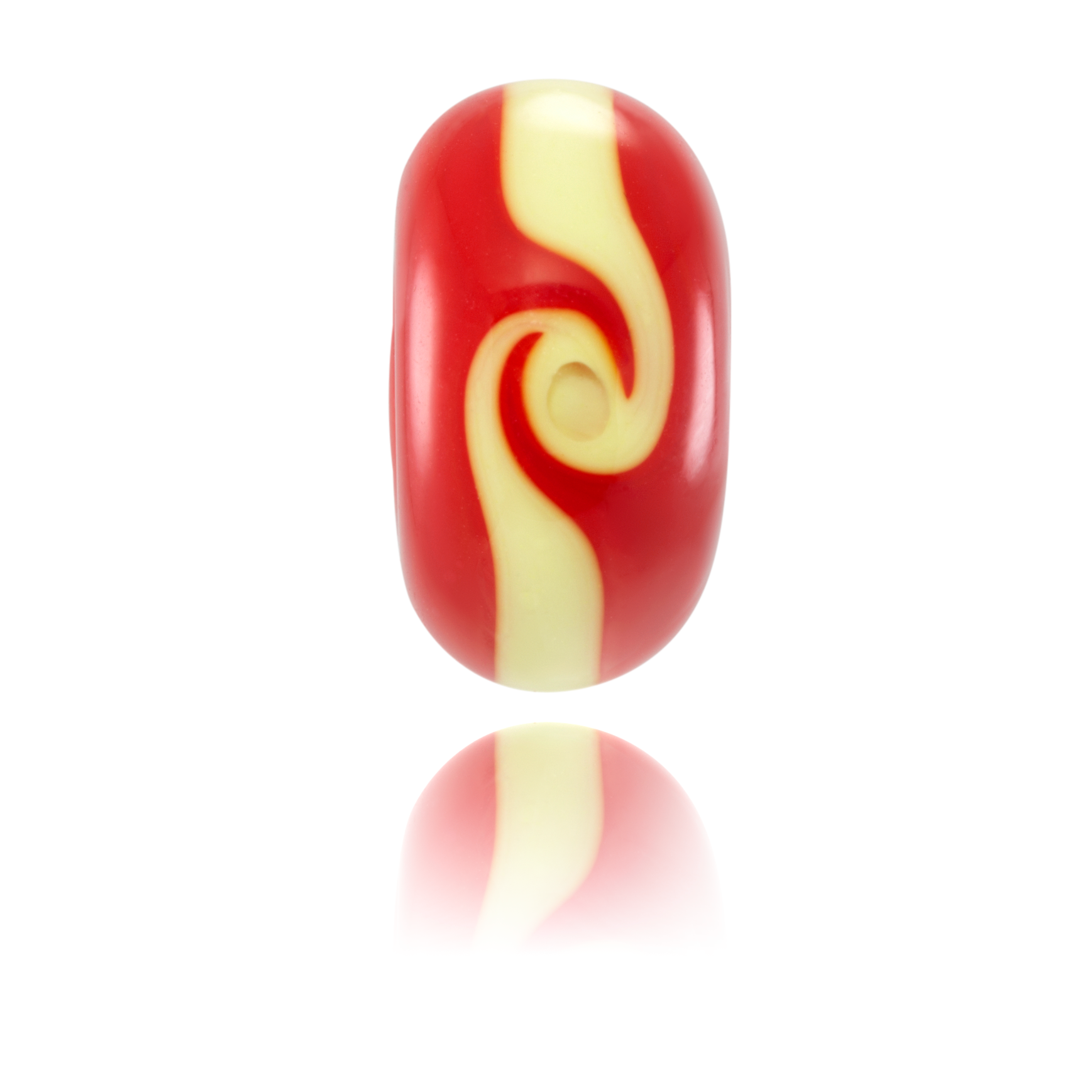 Red and yellow swirling glass bead being sold in support of SLS GB.