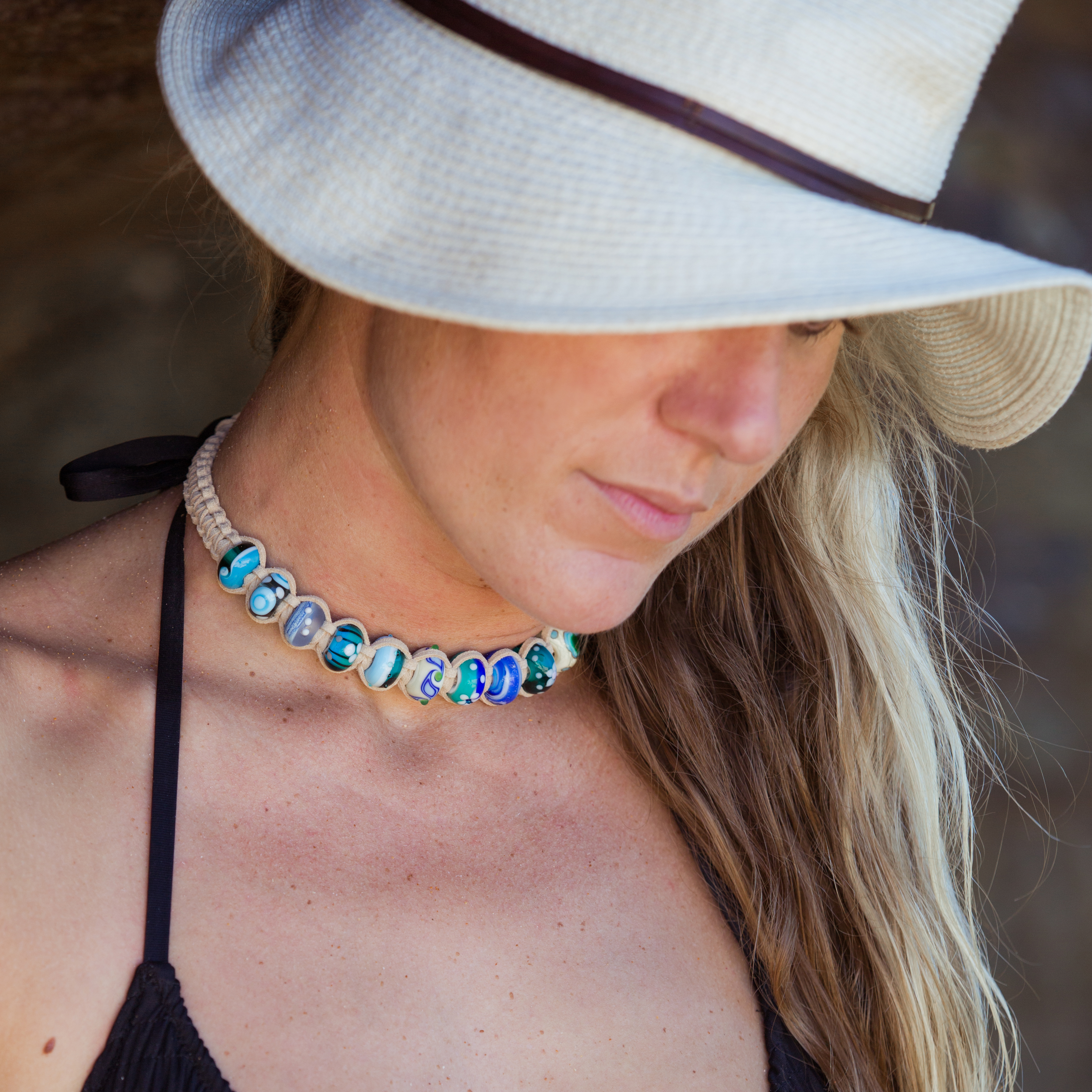 Macrame sand custom beach necklace with surf inspired beads.