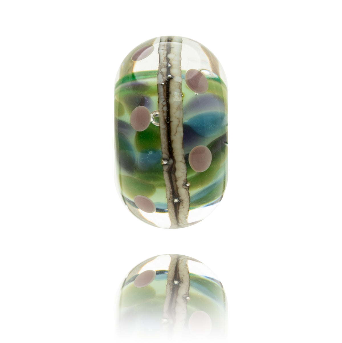 A single oval glass lampwork bead with a green, blue, and pink marbled pattern, featuring a vertical crack and pink dots, shown on a white background with a reflection below.