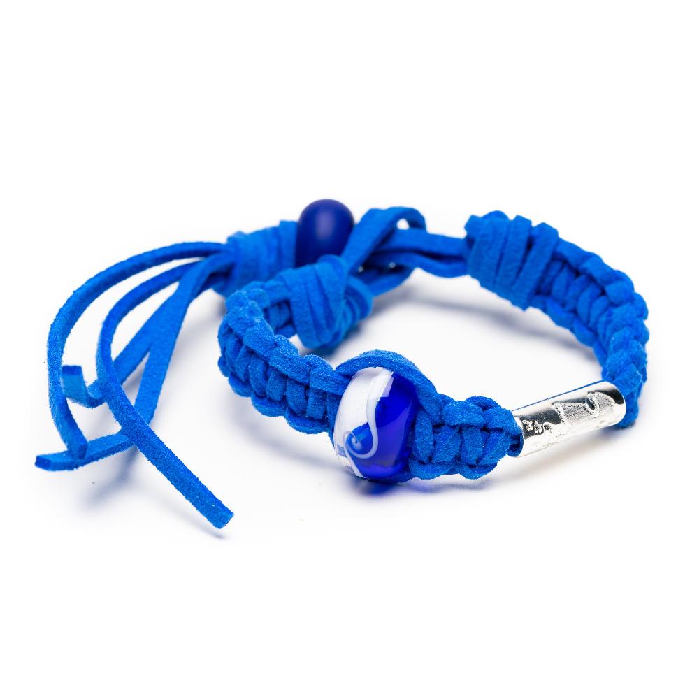 Blue glass and silver charm beads on blue cord Macrame bracelet.