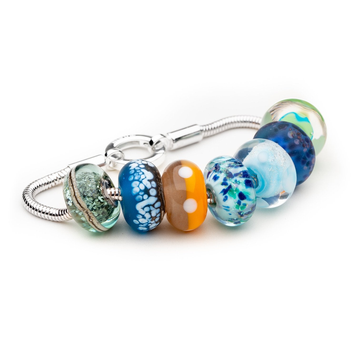 Sterling silver bracelet with beautiful glass beads designed for UK surf and travel destinations.