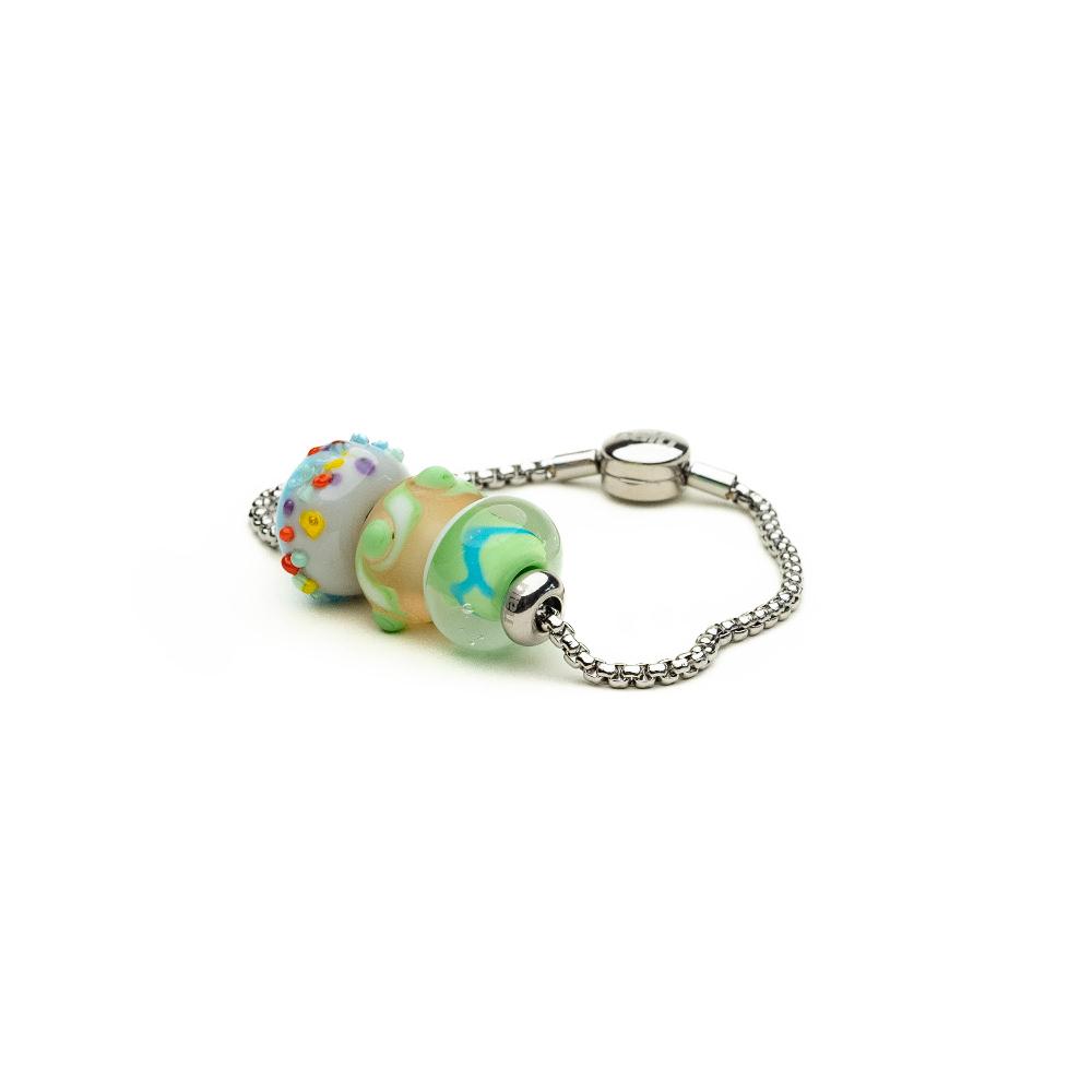 Silver bracelet with colourful glass beads for Sussex beaches.