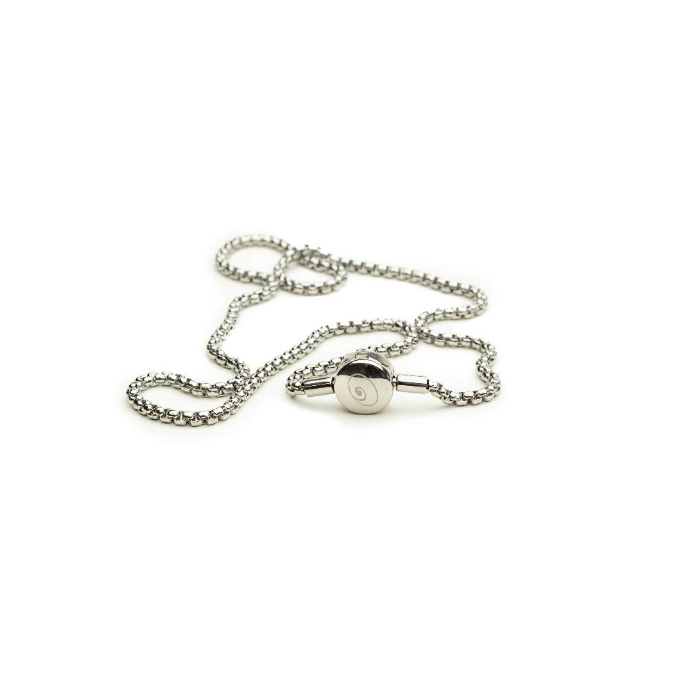 Silver steel chain necklace with oyster claps engraved with Nalu swirl.