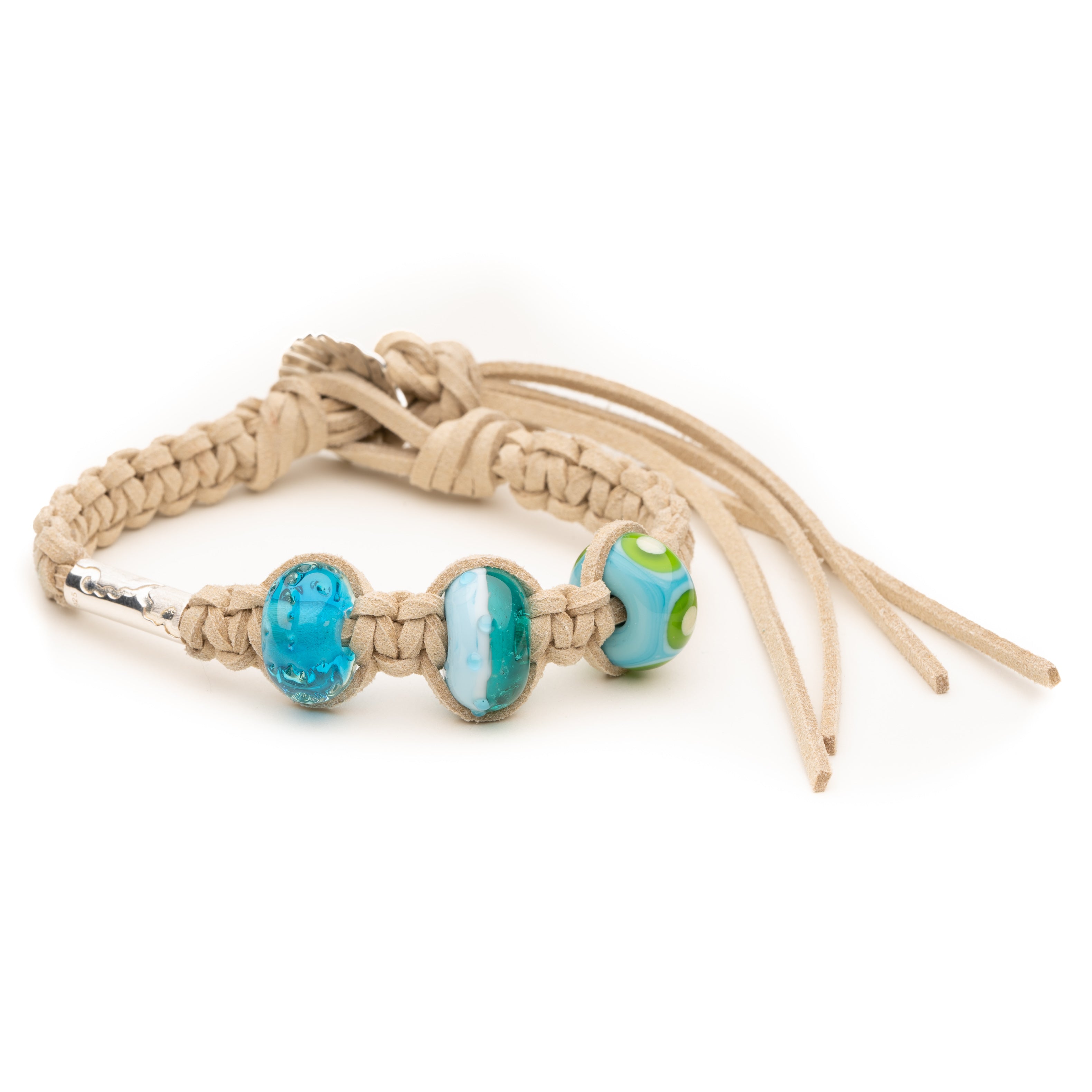 Sand cord anklet with blue glass beads for South Devon beaches.