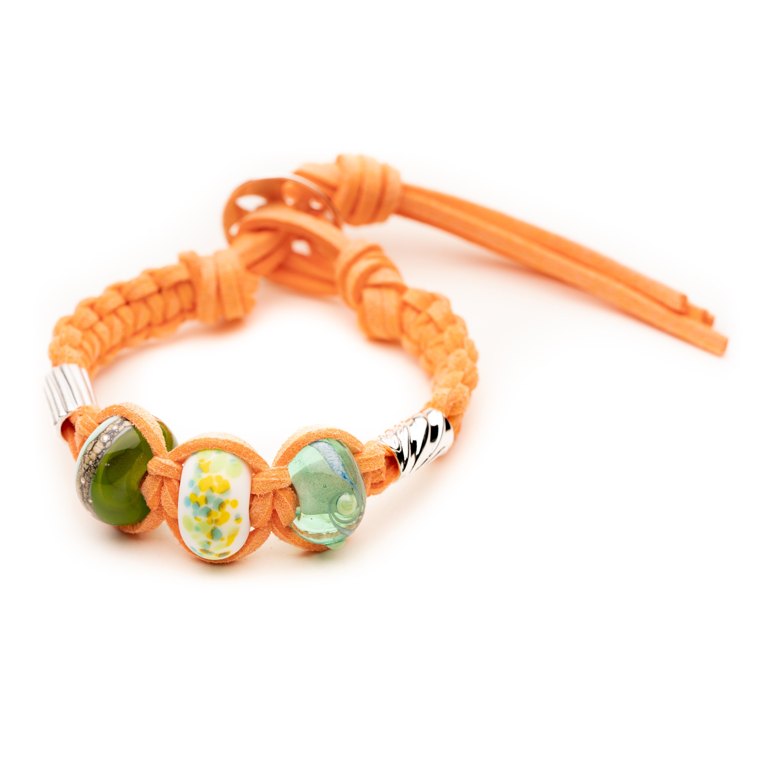 Orange cord macrame bracelet with glass beach beads for South Devon, UK.