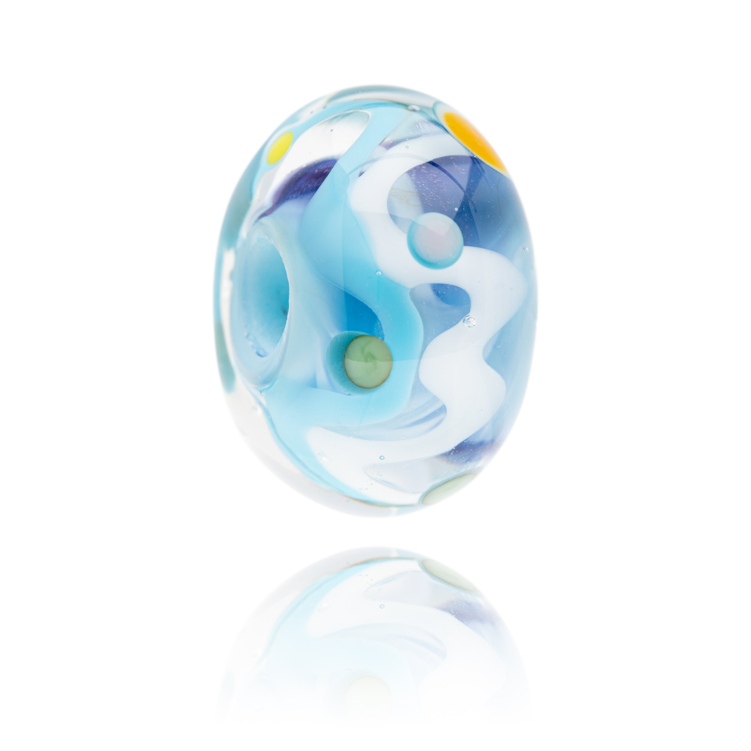 Colourful swirling blue glass bead collaborating with Steve PP art.