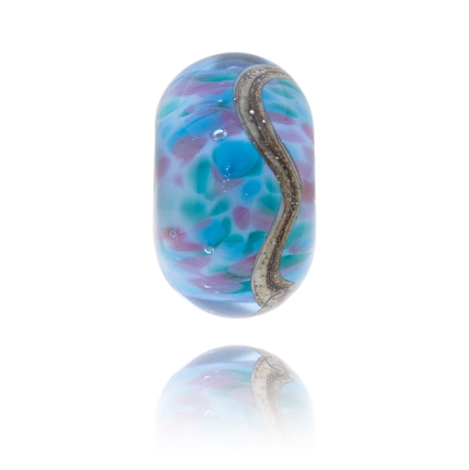 Blue and purple glass bead with a meandering brown stripe around the outside. Representing St Bees Beach in Cumbria, UK.