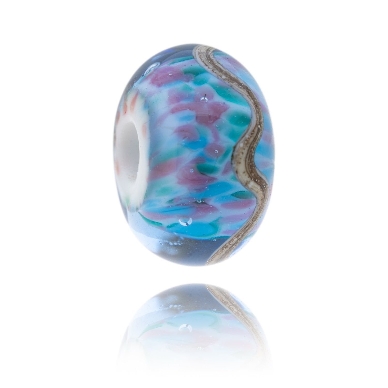 Blue and purple glass bead with a meandering brown stripe around the outside. Representing St Bees Beach in Cumbria, UK.