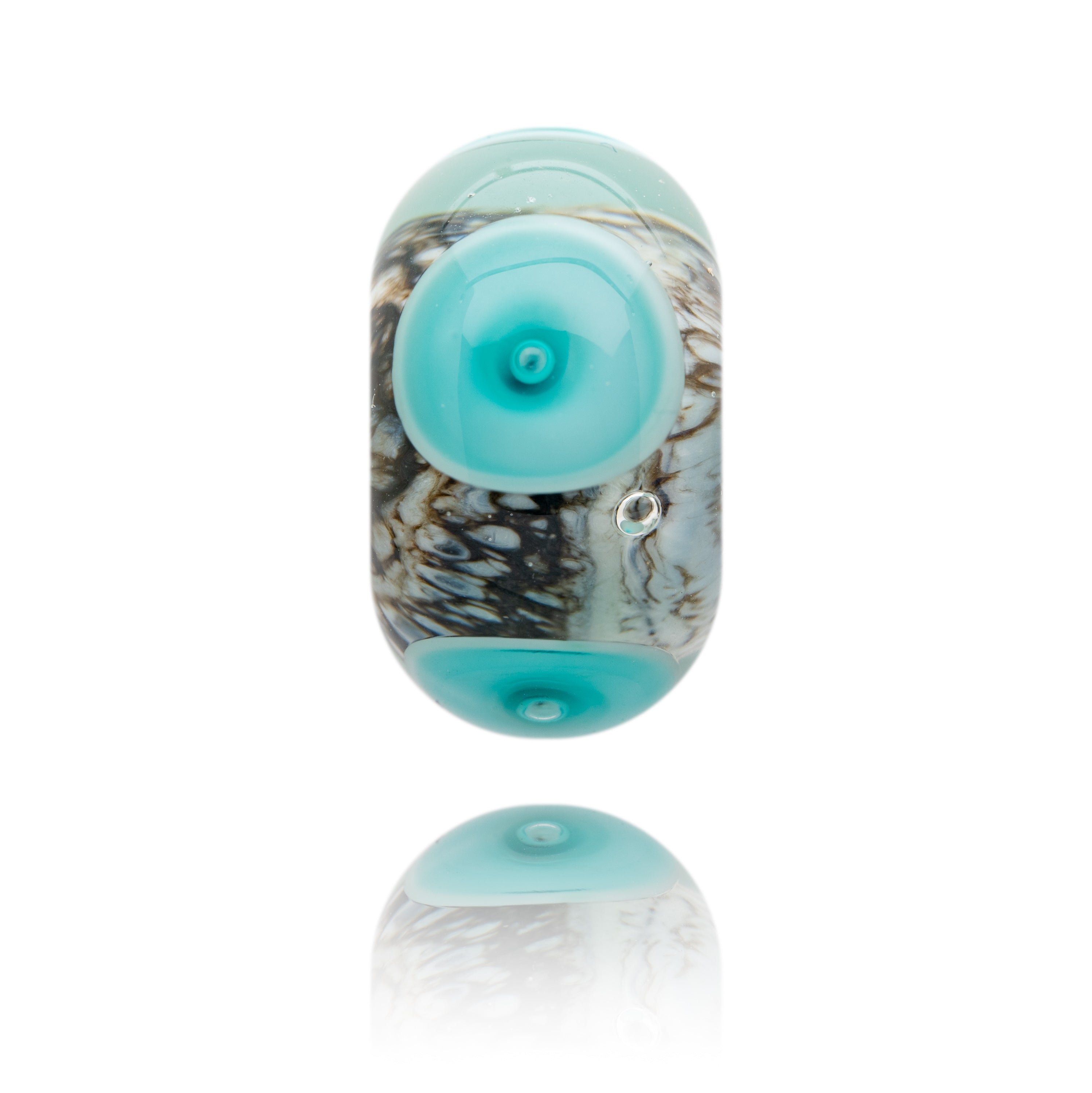 Glass bead representing Summerleaze beach in Bude, Cornwall. Made with Brown core and turquoise dots on the surface.