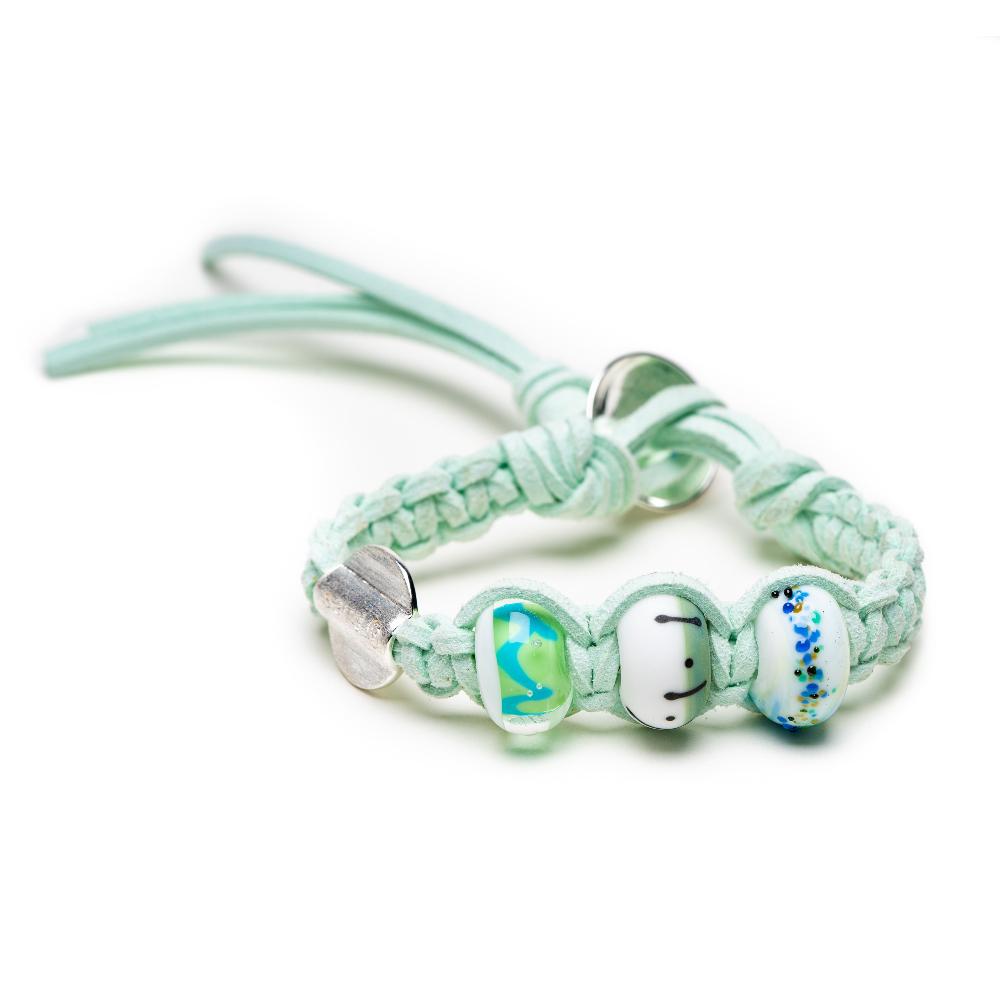 Mint cord bracelet with glass and silver beads.