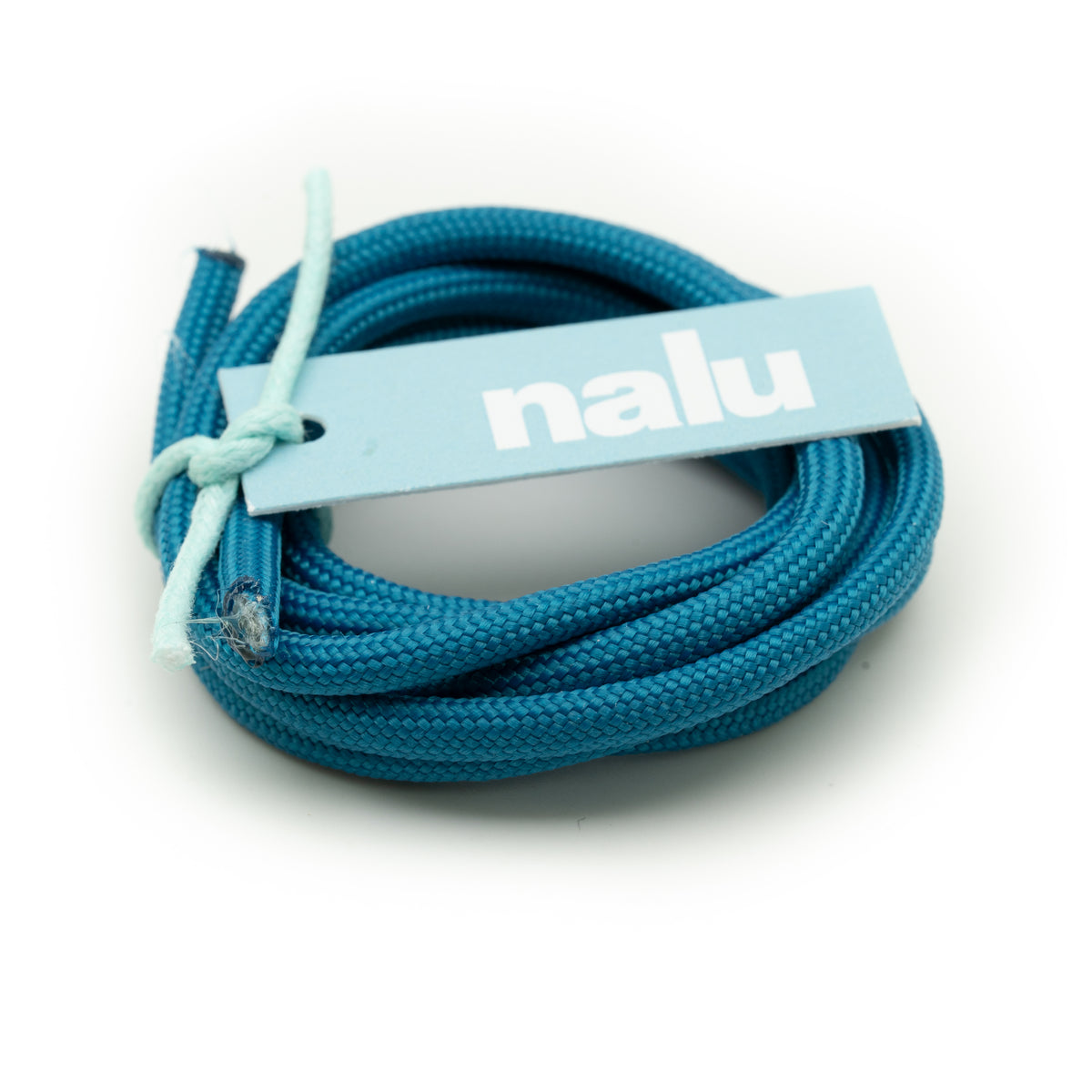 A coiled bundle of teal blue braided cord with a light blue paper tag printed with the brand name 'nalu' in white, set against a plain white background.