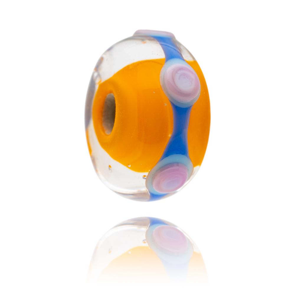 Orange, purple and pink patterned glass bead for the Bahamas in the Caribbean.