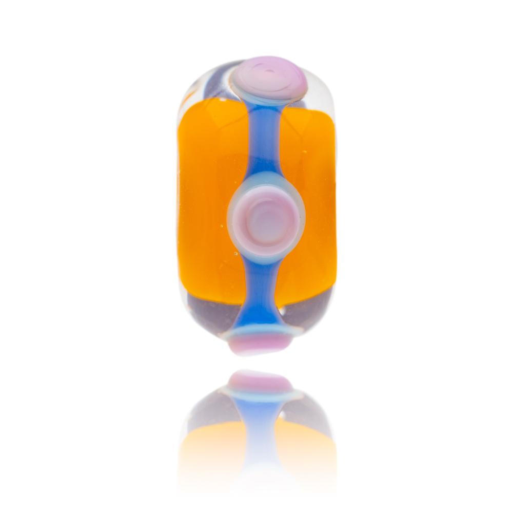 Orange, purple and pink patterned glass bead for the Bahamas in the Caribbean.